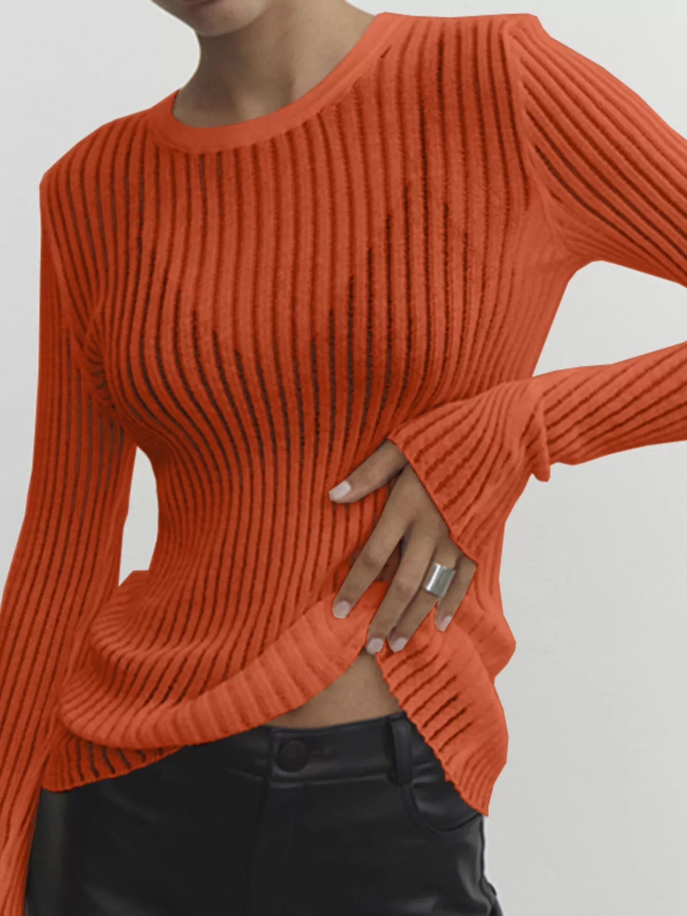 Ribbed Knit Long Sleeve Top - Lara Moda