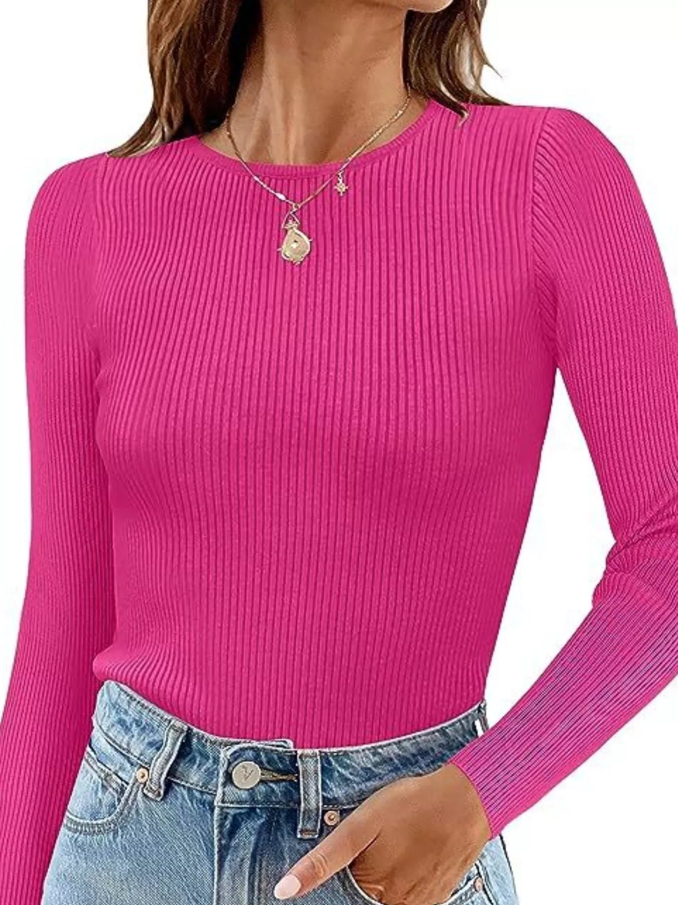 Ribbed Knit Slim Fit Long Sleeve T-Shirt - Lara Moda