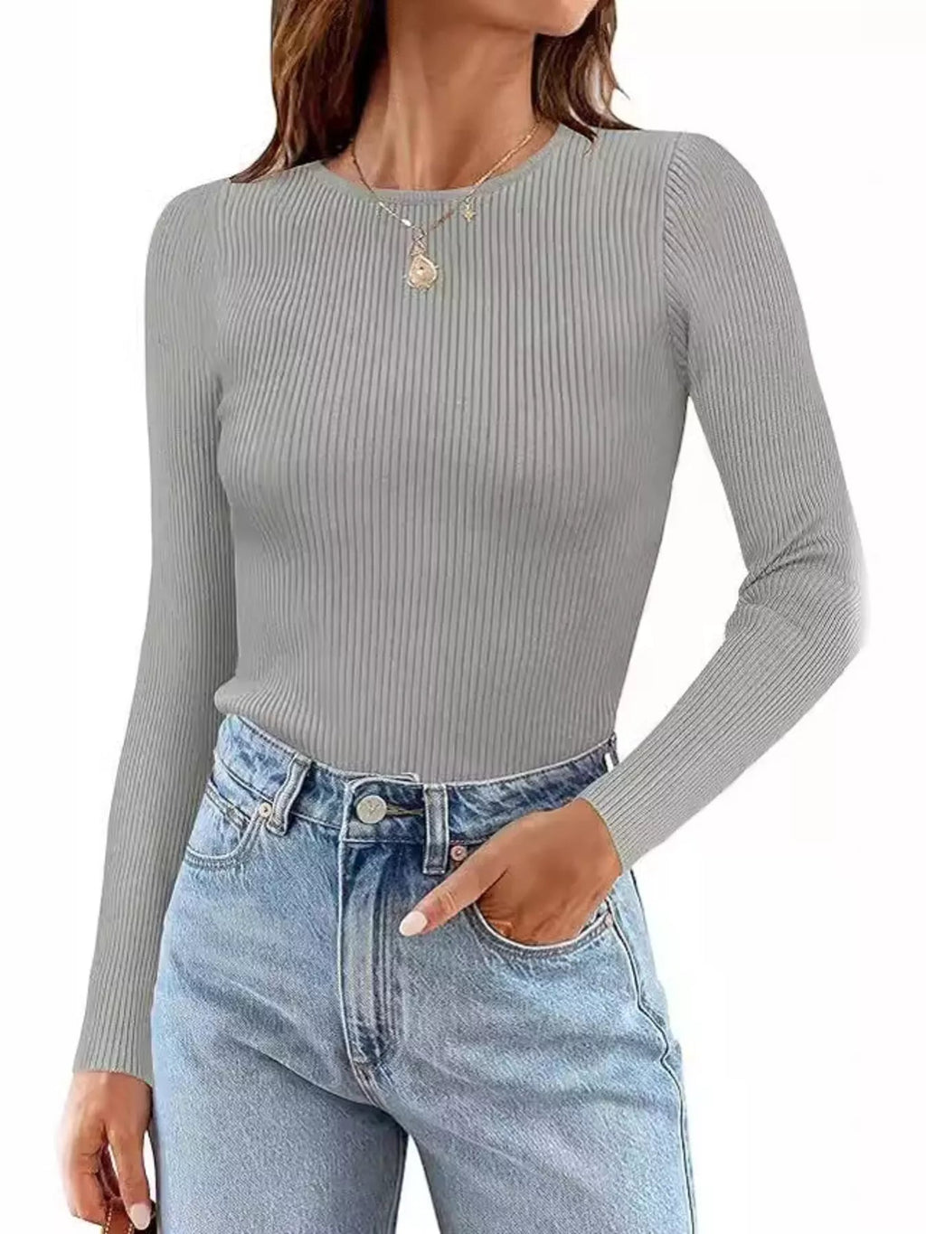 Ribbed Knit Slim Fit Long Sleeve T-Shirt - Lara Moda