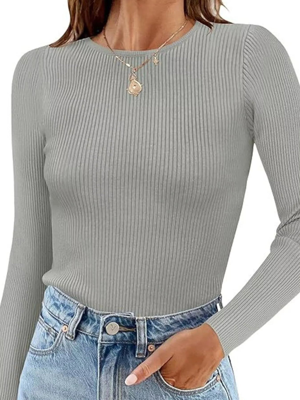 Ribbed Knit Slim Fit Long Sleeve T-Shirt - Lara Moda