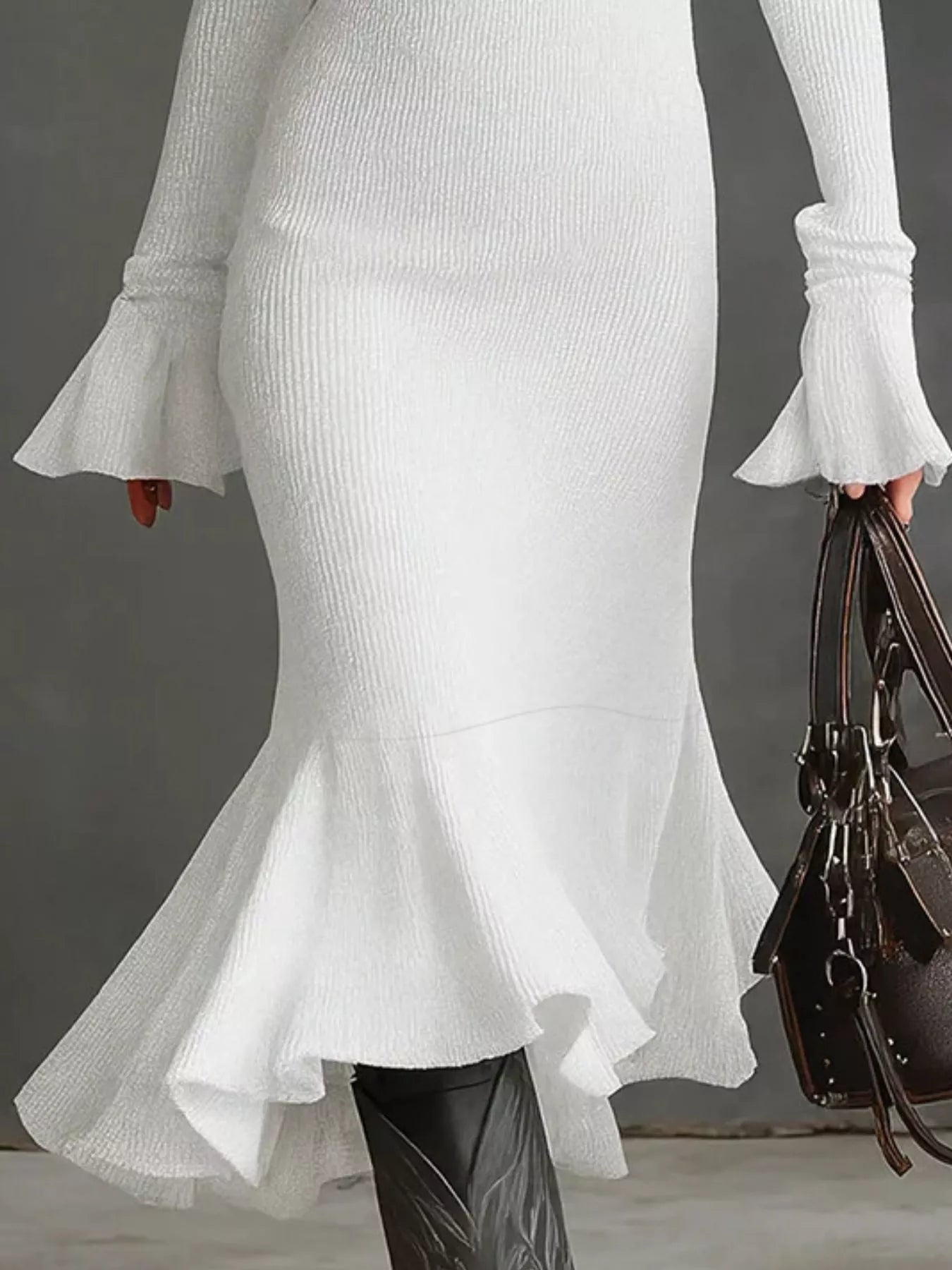 Ribbed Knit Zip Front Flare Hem Midi Dress - Lara Moda