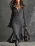 Ribbed Knit Zip Front Flare Hem Midi Dress - Lara Moda