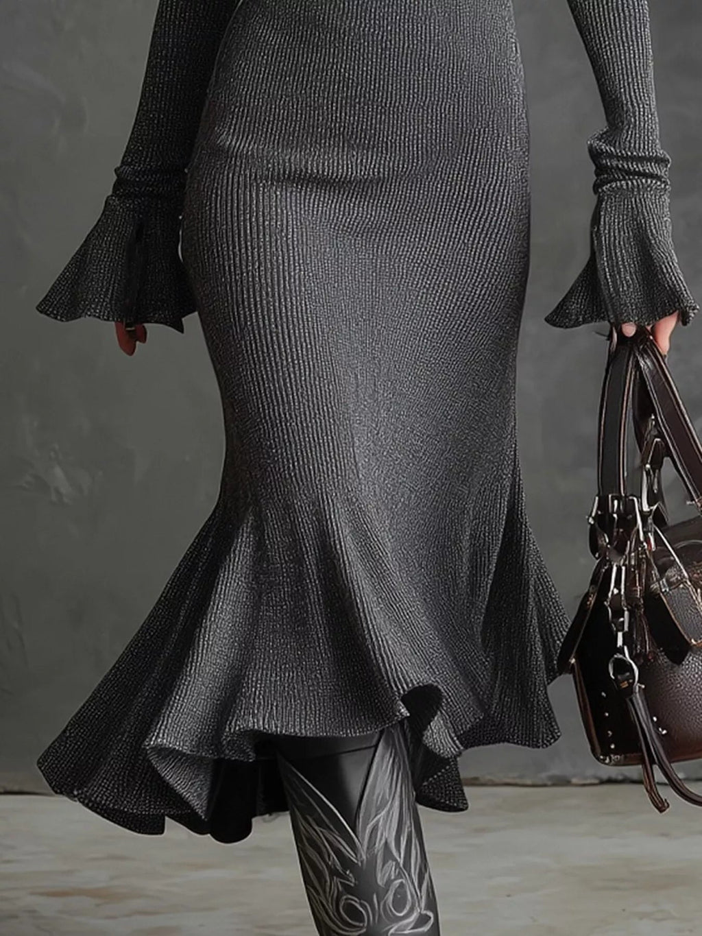 Ribbed Knit Zip Front Flare Hem Midi Dress - Lara Moda