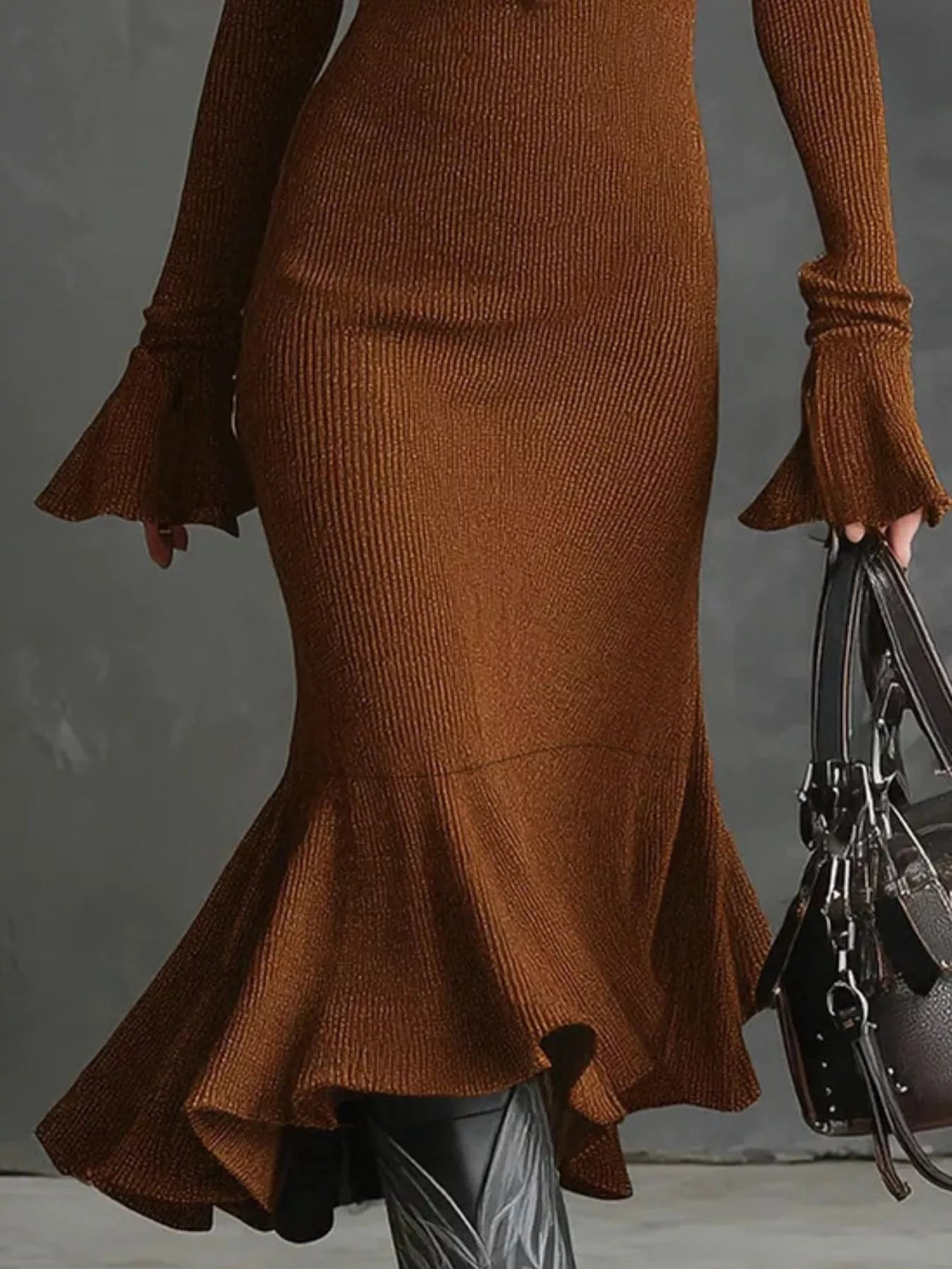 Ribbed Knit Zip Front Flare Hem Midi Dress - Lara Moda