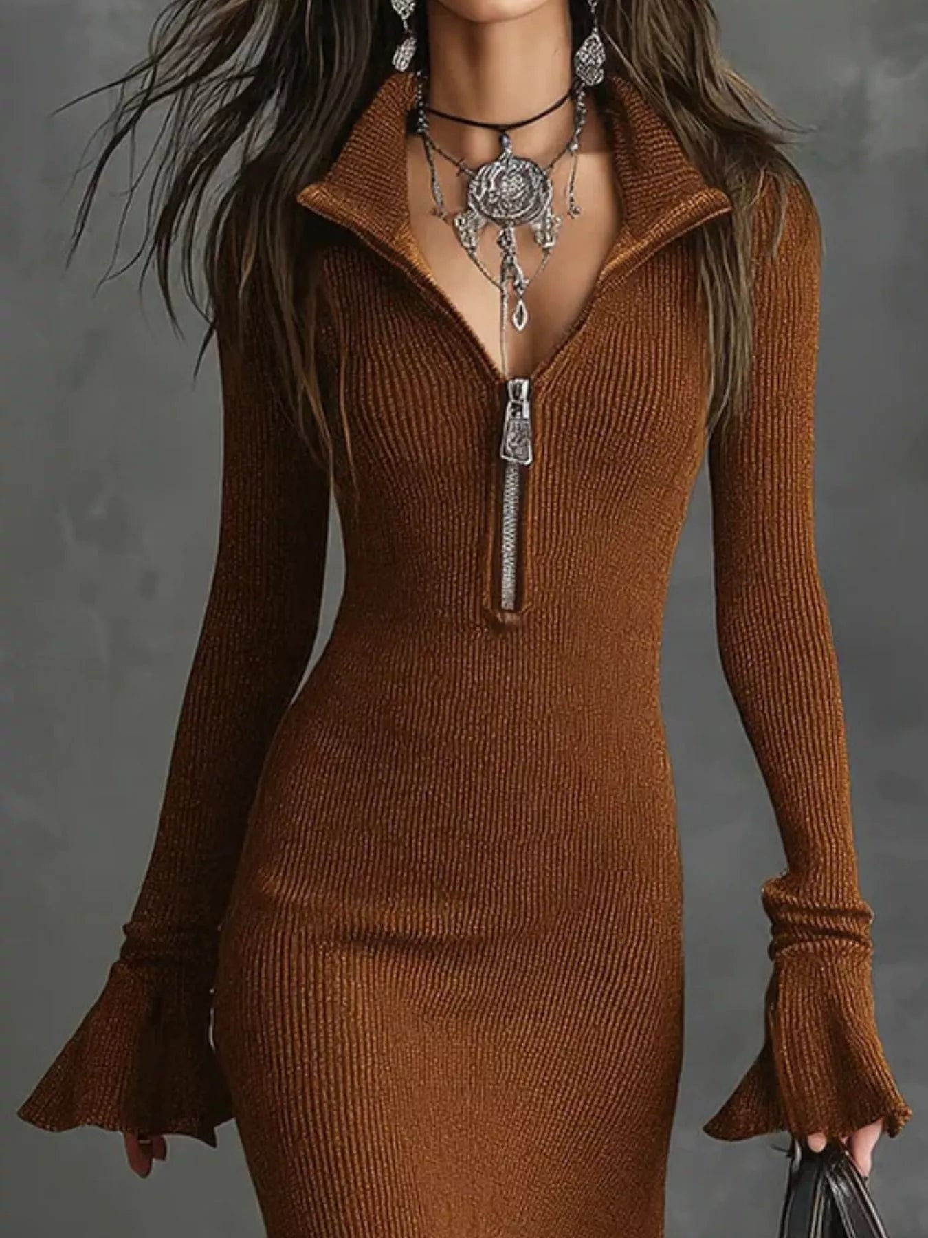 Ribbed Knit Zip Front Flare Hem Midi Dress - Lara Moda