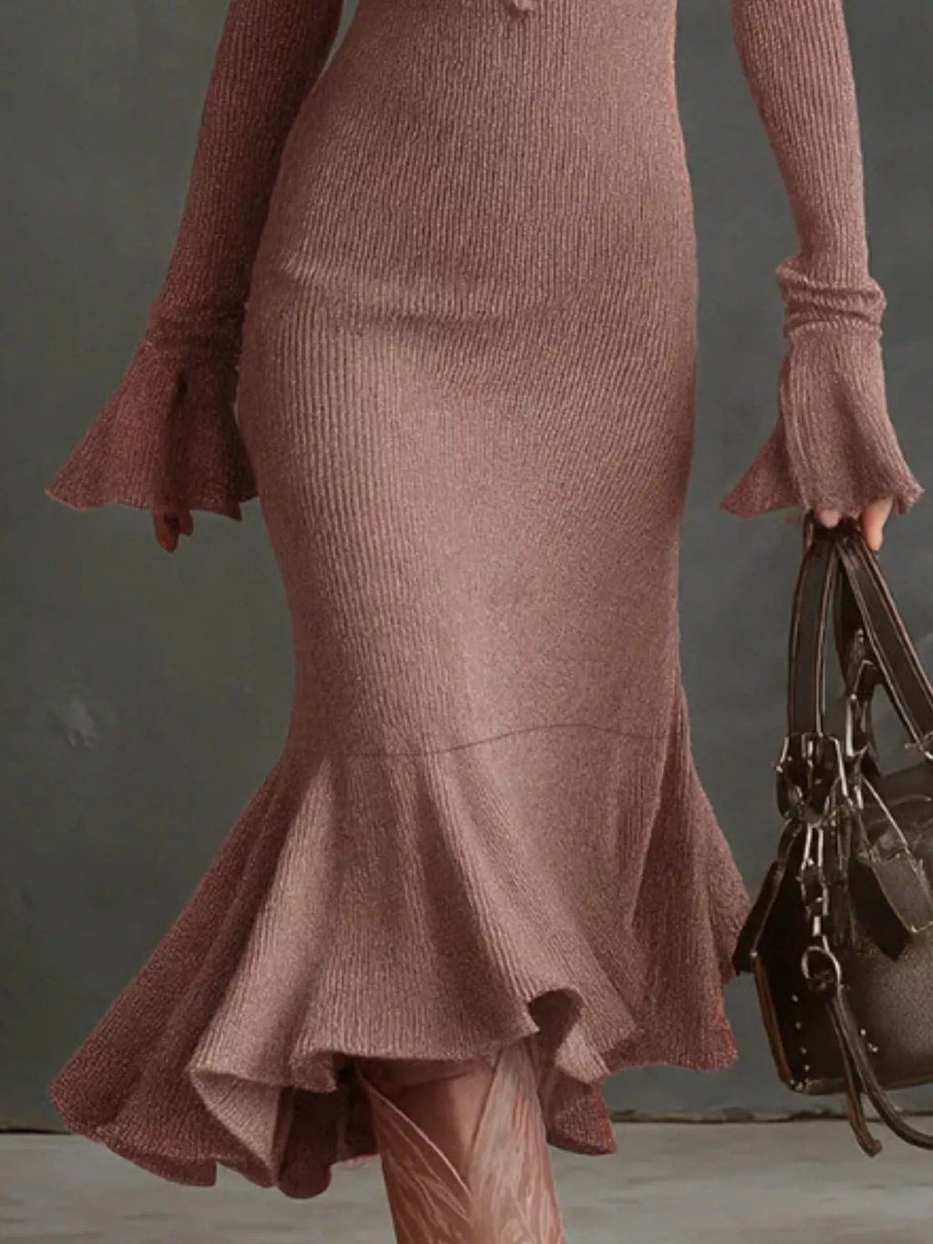 Ribbed Knit Zip Front Flare Hem Midi Dress - Lara Moda