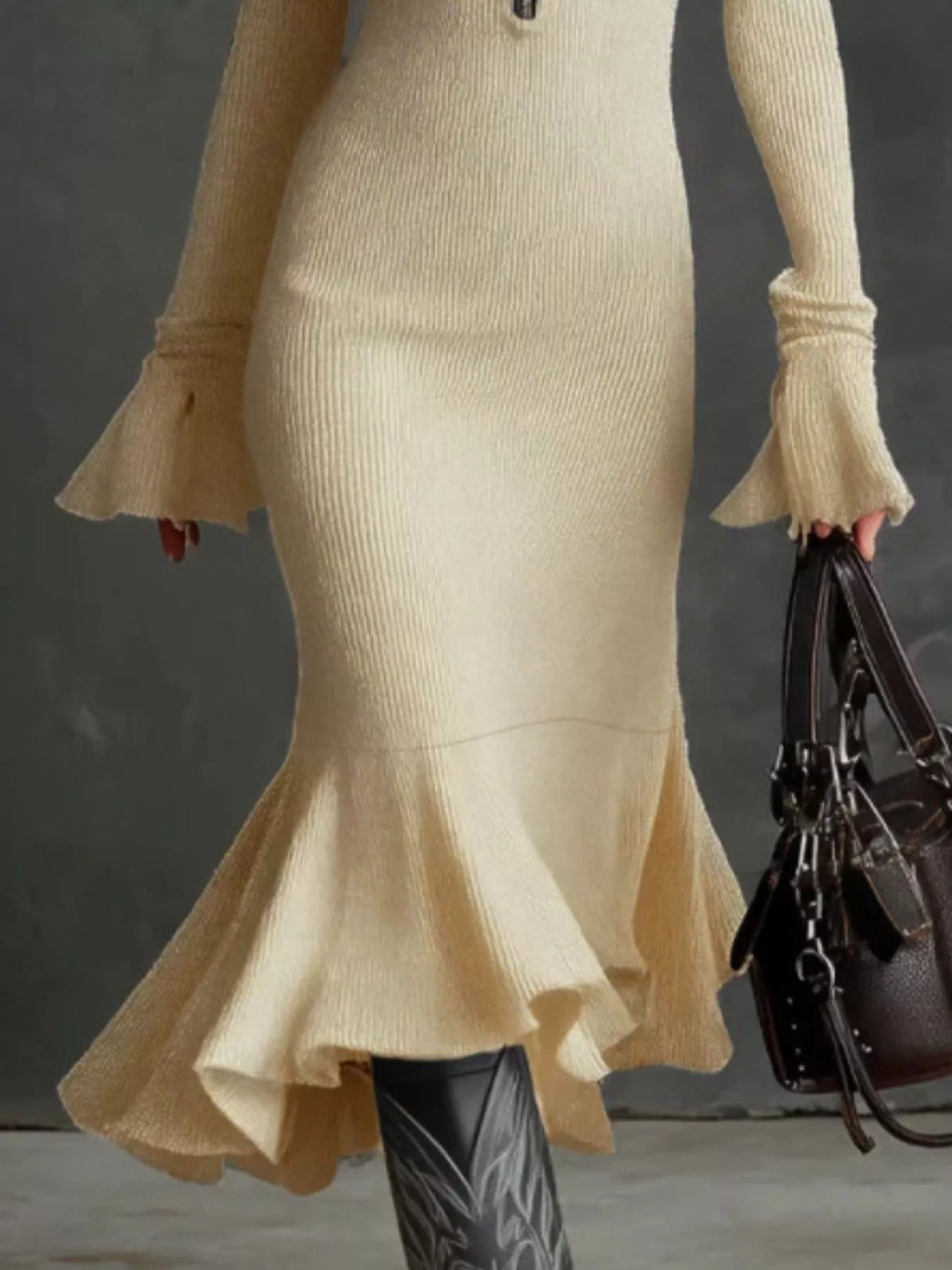 Ribbed Knit Zip Front Flare Hem Midi Dress - Lara Moda