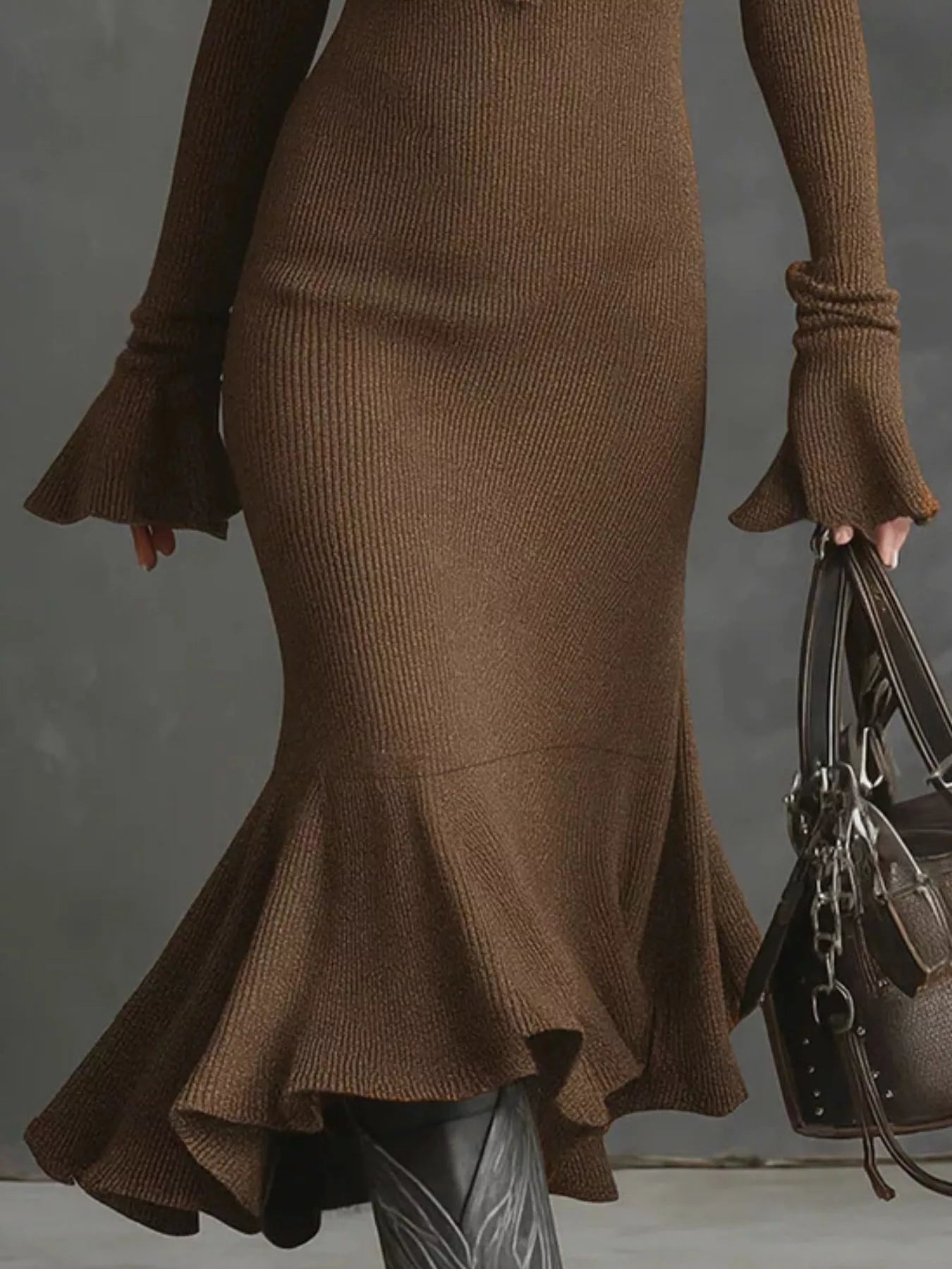 Ribbed Knit Zip Front Flare Hem Midi Dress - Lara Moda
