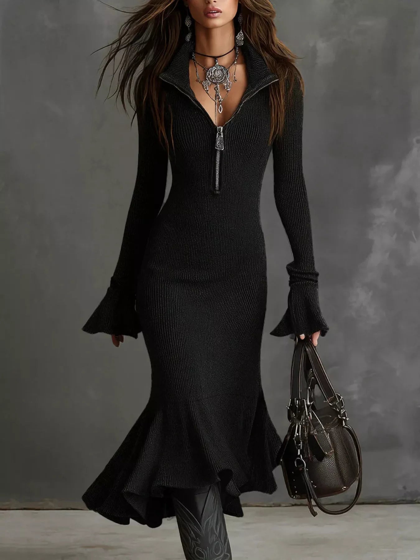 Ribbed Knit Zip Front Flare Hem Midi Dress - Lara Moda