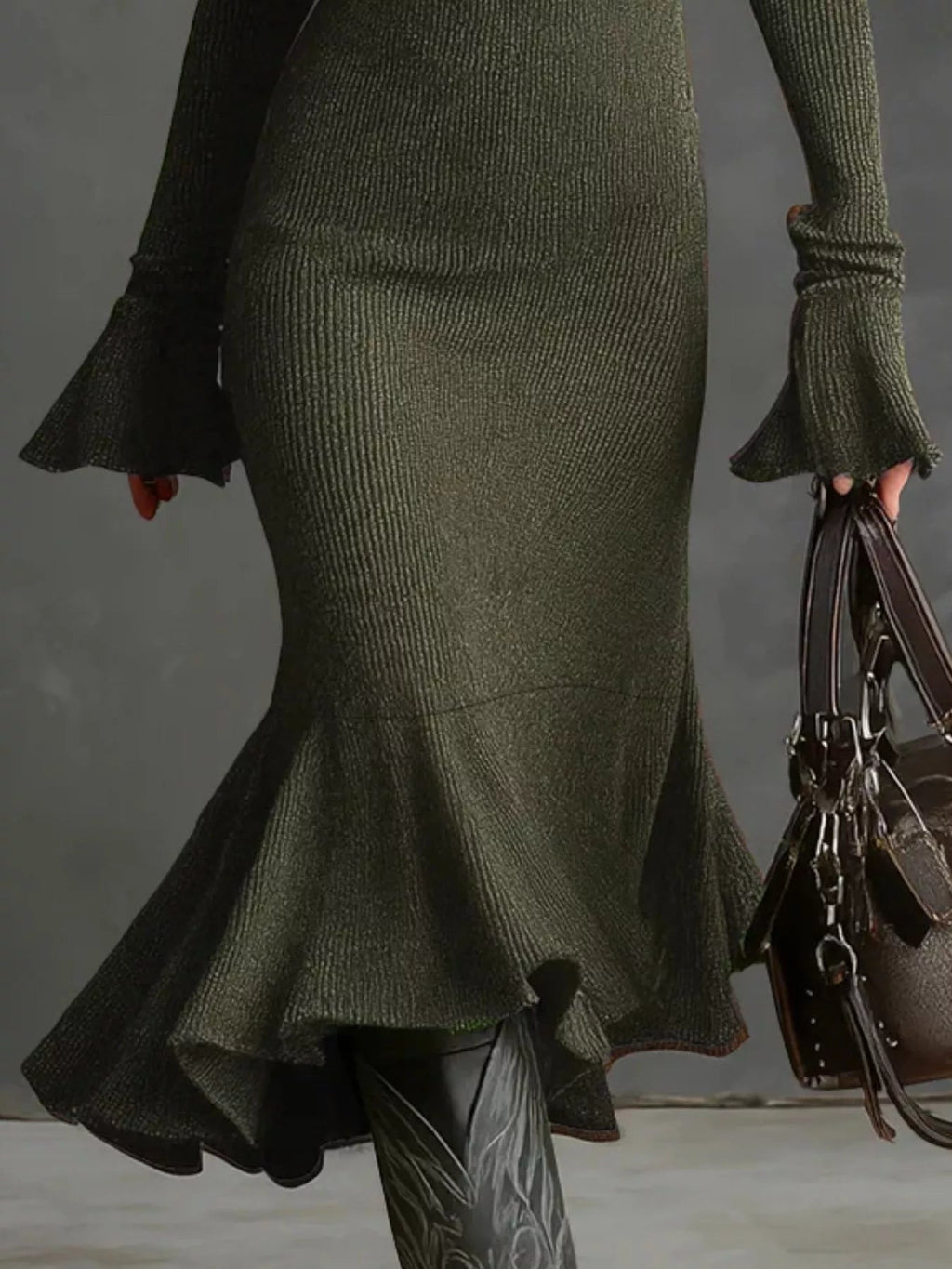Ribbed Knit Zip Front Flare Hem Midi Dress - Lara Moda