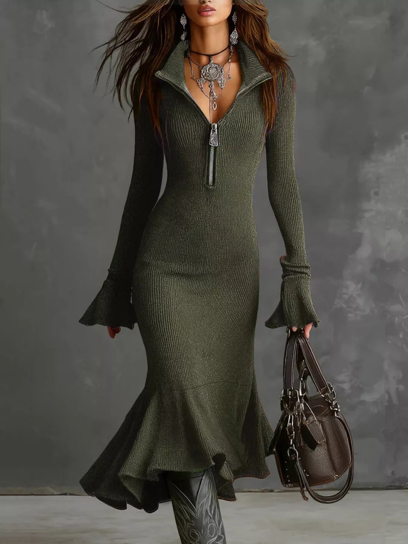 Ribbed Knit Zip Front Flare Hem Midi Dress - Lara Moda