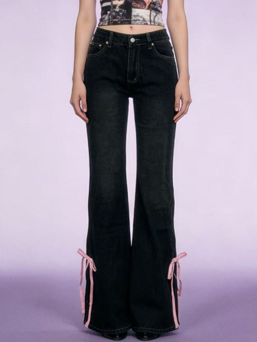Ribbon Detail Flare Jeans - Lara Moda