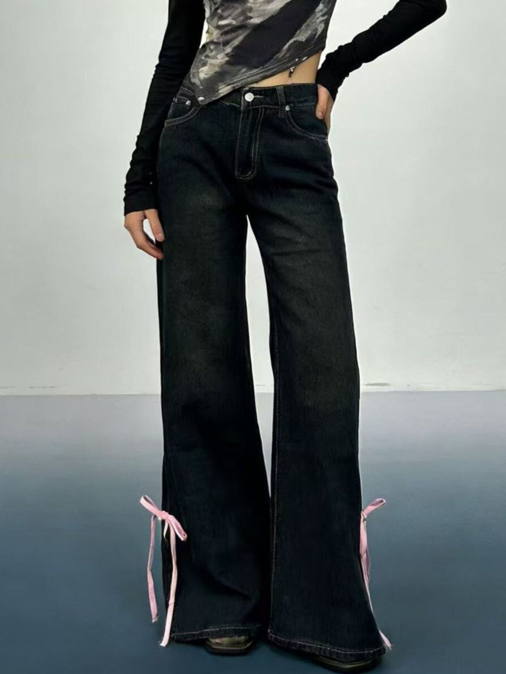 Ribbon Detail Flare Jeans - Lara Moda
