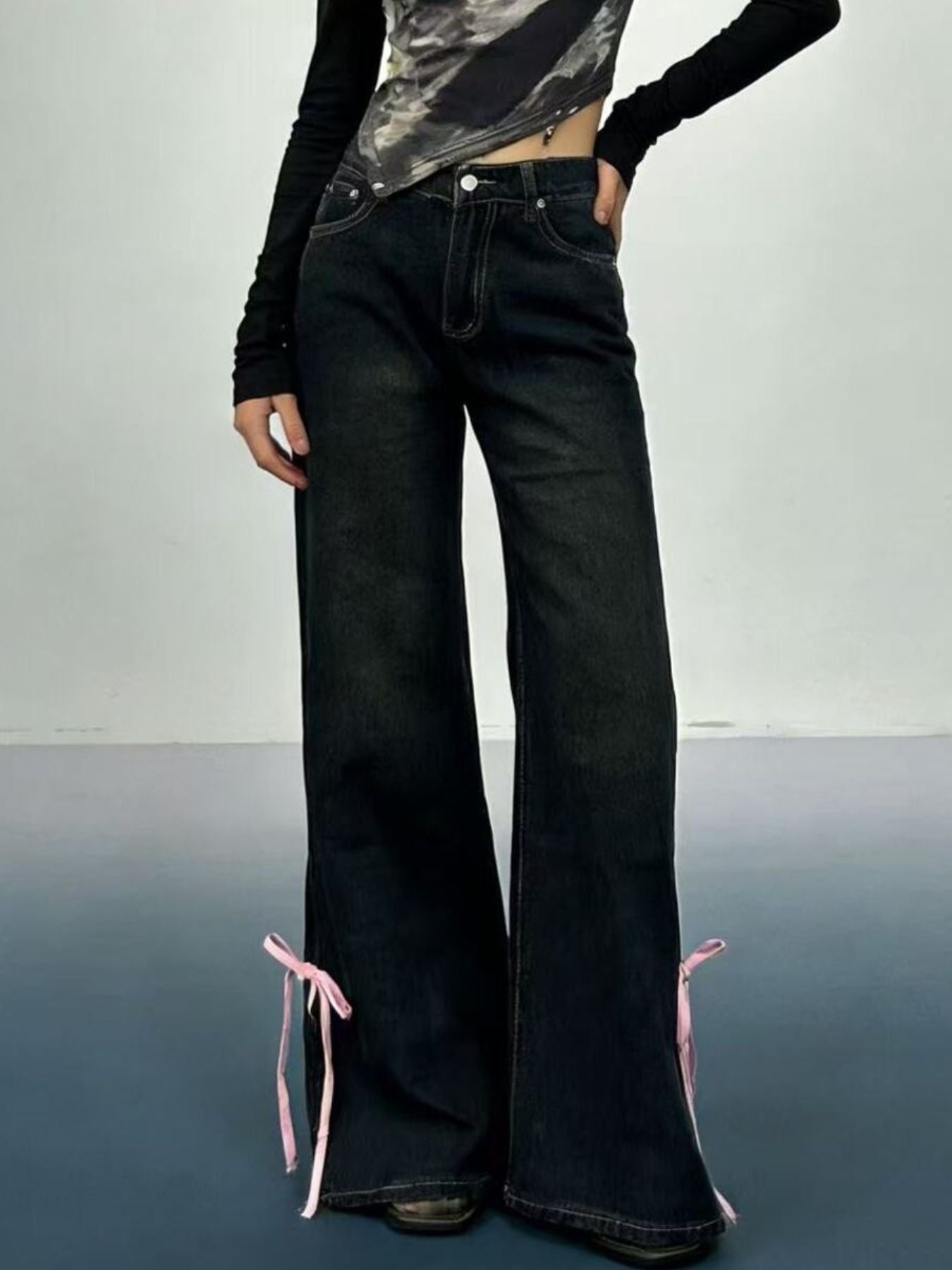 Ribbon Detail Flare Jeans - Lara Moda