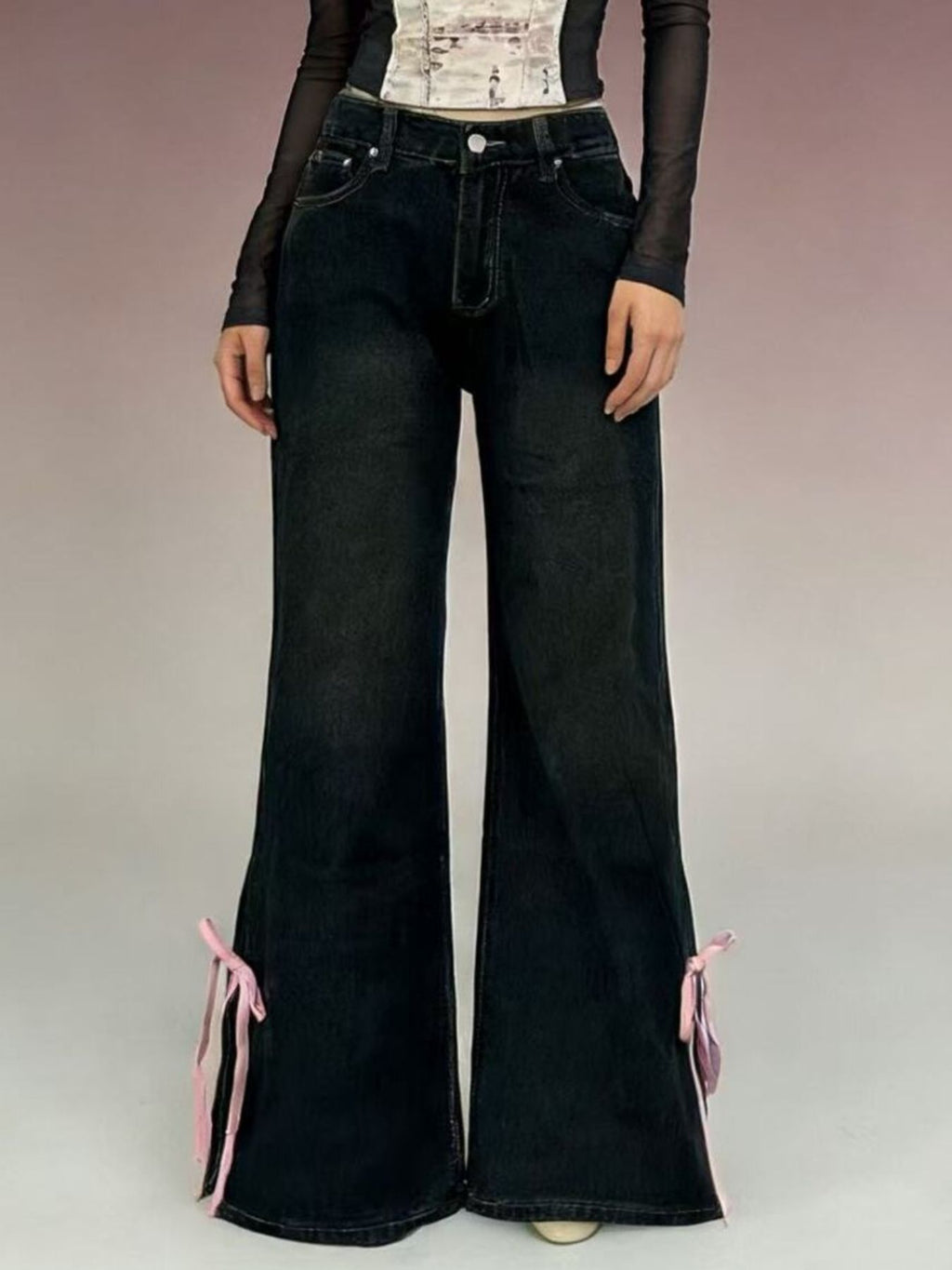 Ribbon Detail Flare Jeans - Lara Moda