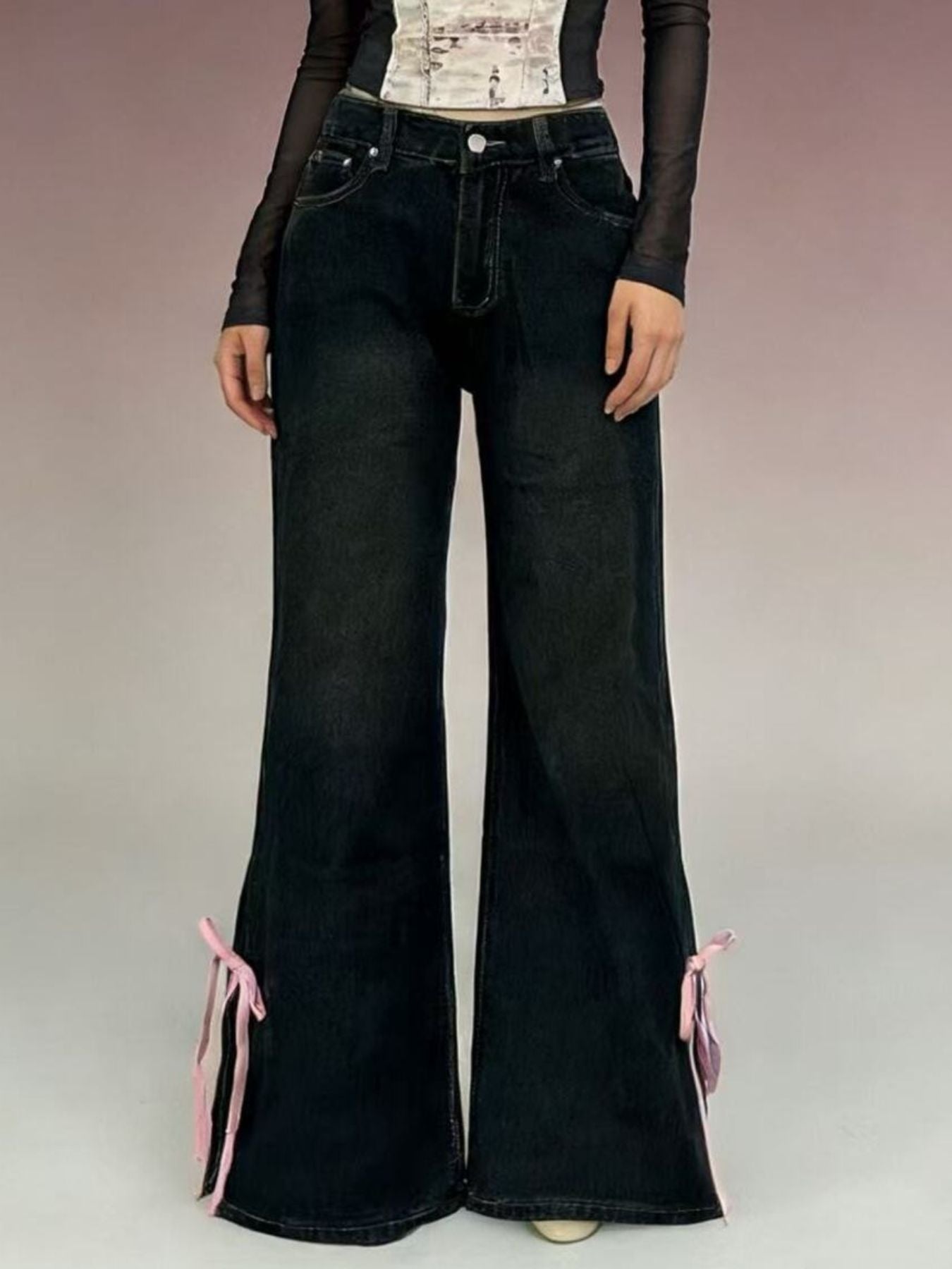 Ribbon Detail Flare Jeans - Lara Moda