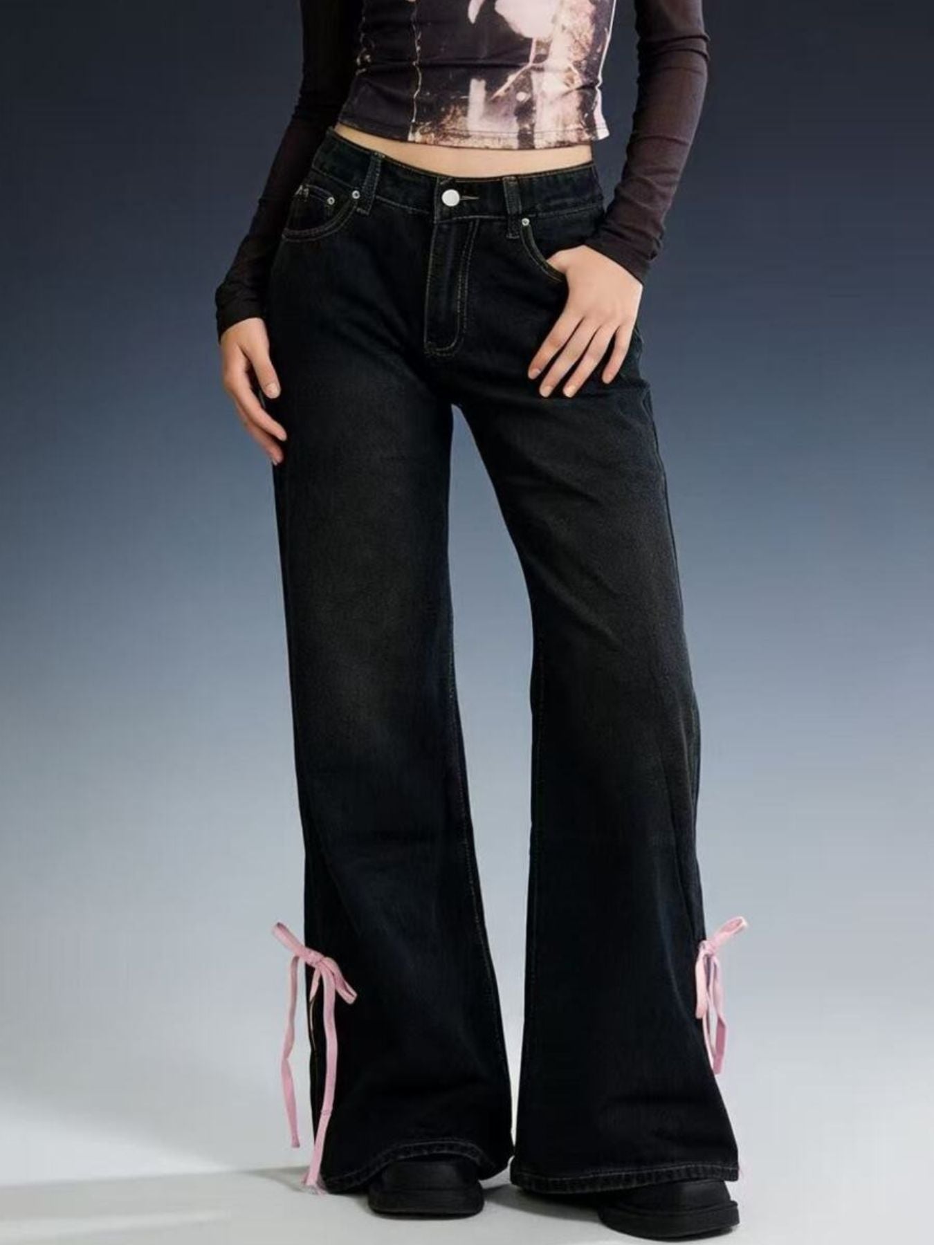 Ribbon Detail Flare Jeans - Lara Moda