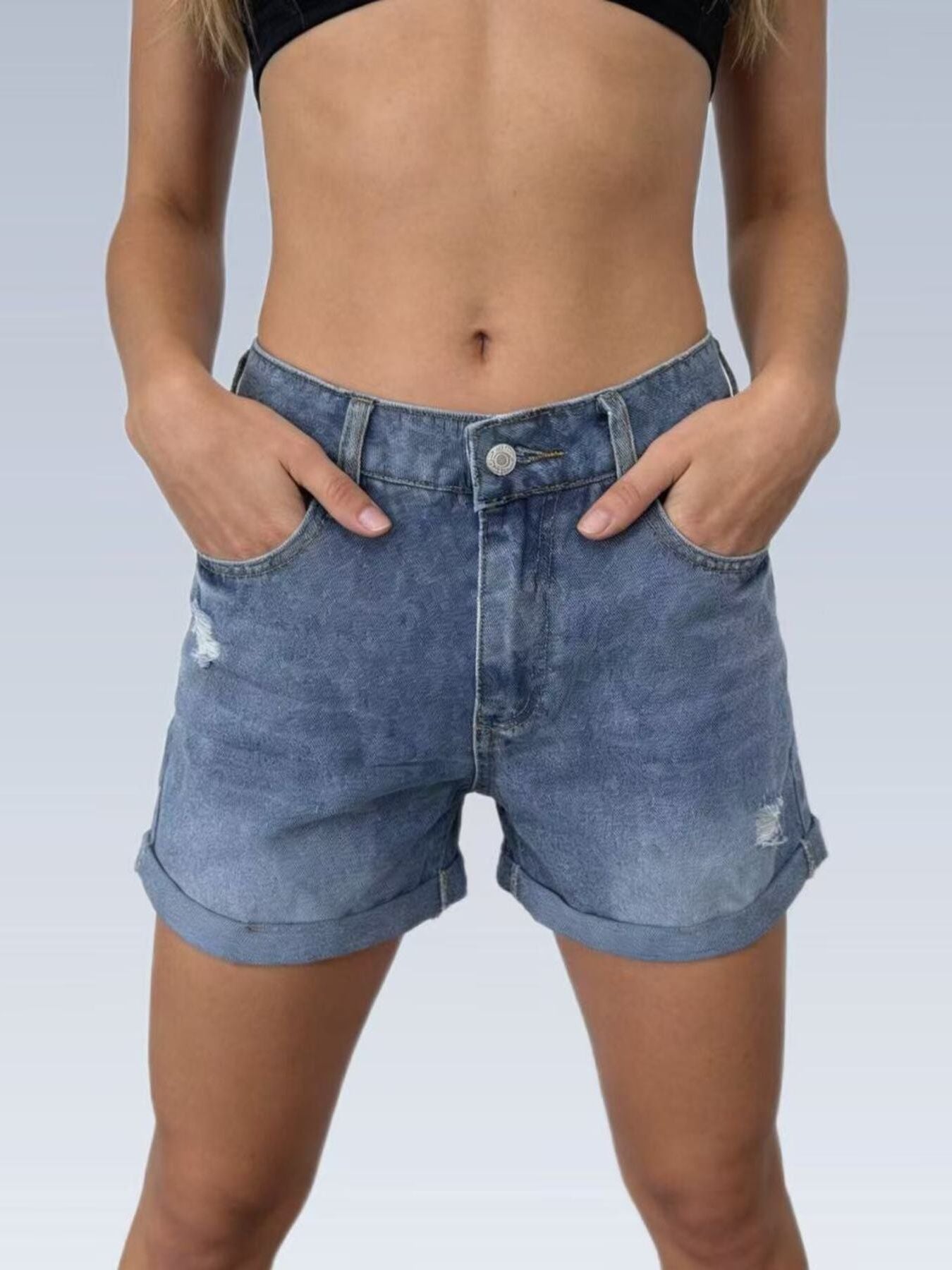 Ripped High-Waisted Denim Shorts - Lara Moda