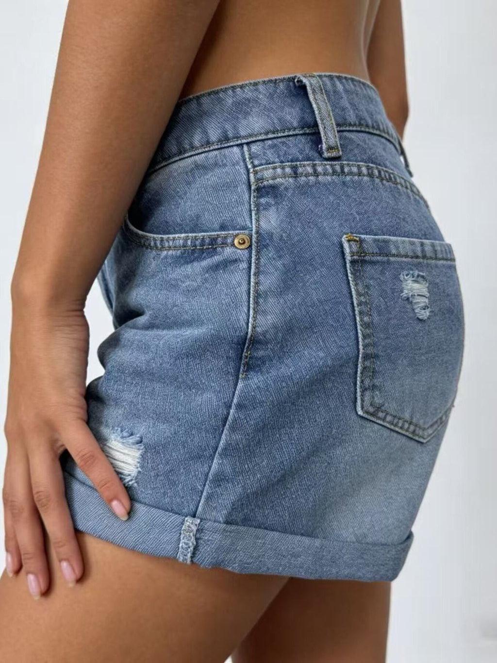 Ripped High-Waisted Denim Shorts - Lara Moda