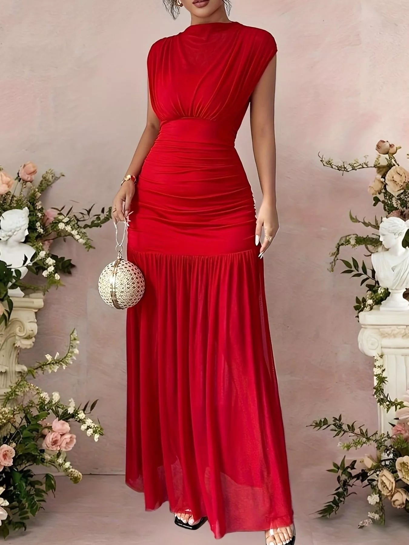 Ruched Cap Sleeve Maxi Dress - Lara Moda