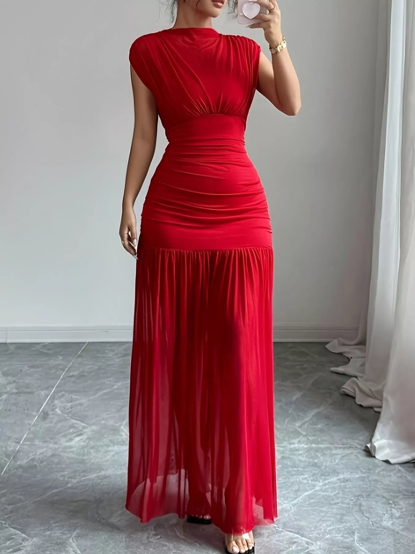 Ruched Cap Sleeve Maxi Dress - Lara Moda