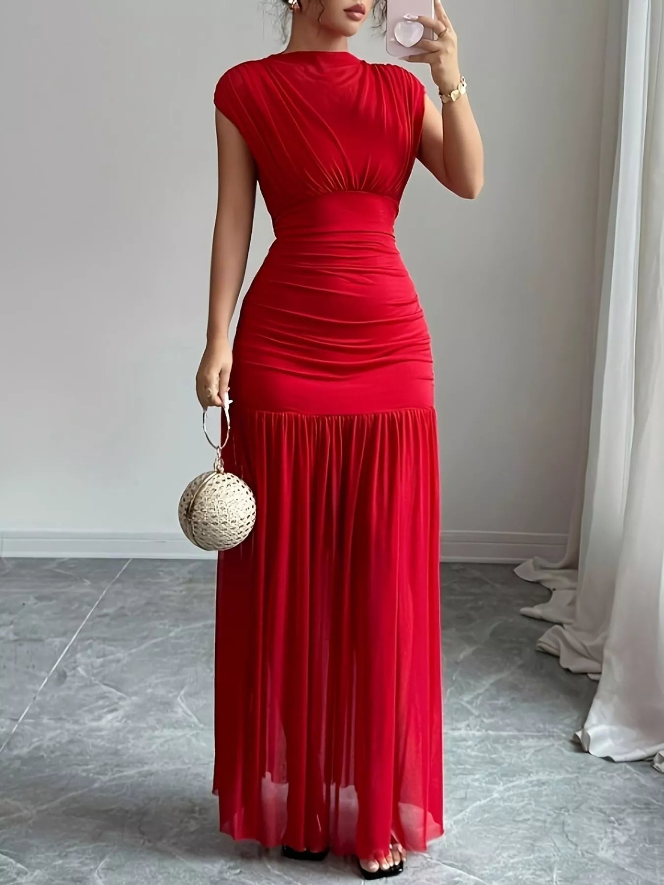Ruched Cap Sleeve Maxi Dress - Lara Moda