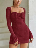 Ruched Glitter Bodycon Mini Dress - Lara Moda