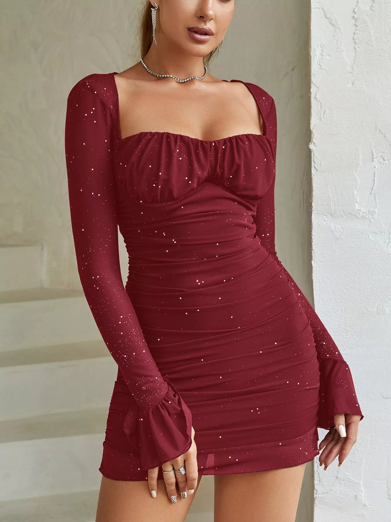 Ruched Glitter Bodycon Mini Dress - Lara Moda