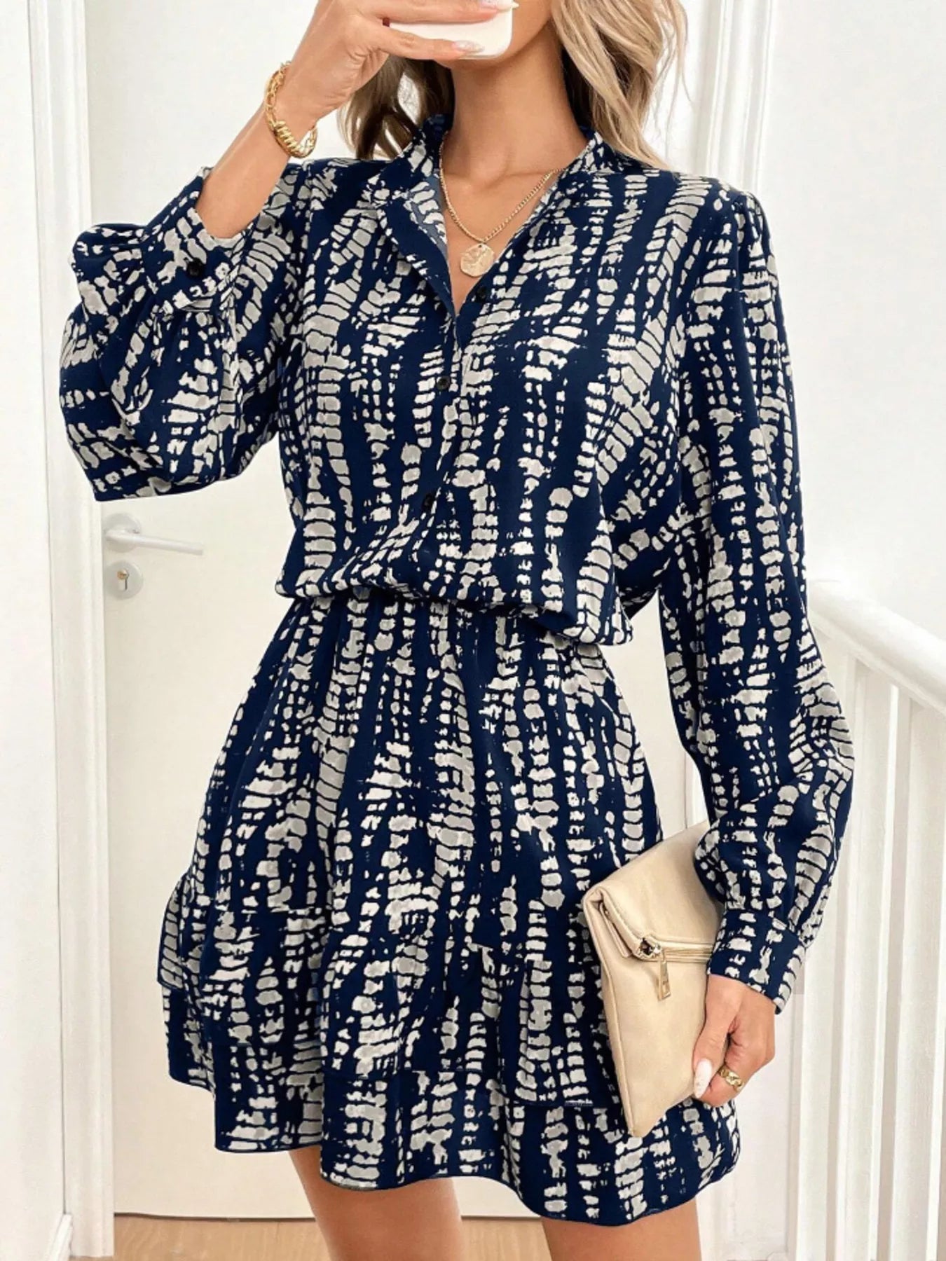 Ruffled Hem Long Sleeve Mini Dress - Lara Moda