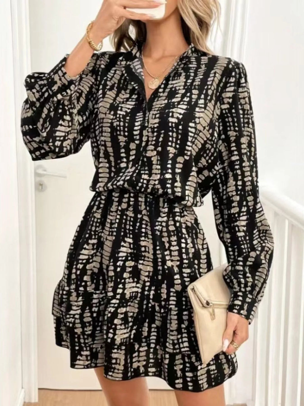 Ruffled Hem Long Sleeve Mini Dress - Lara Moda