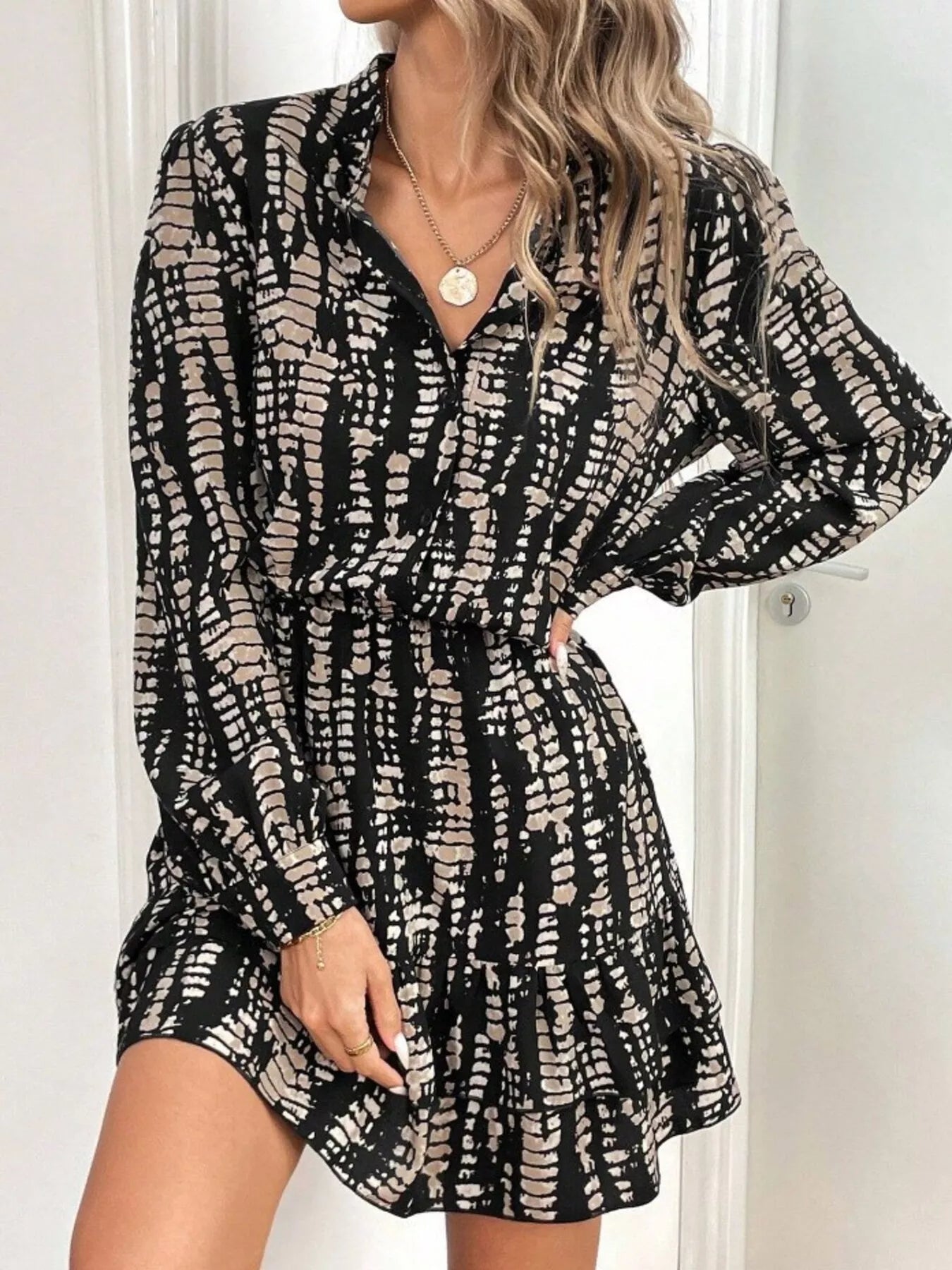 Ruffled Hem Long Sleeve Mini Dress - Lara Moda