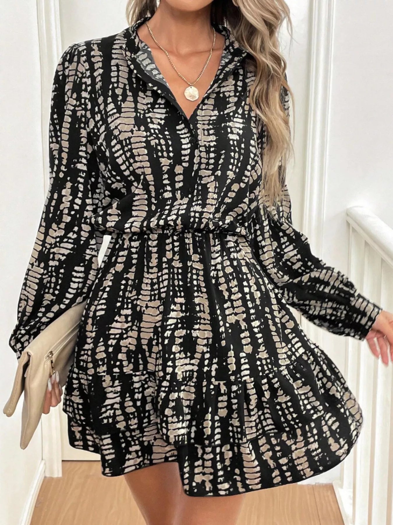 Ruffled Hem Long Sleeve Mini Dress - Lara Moda