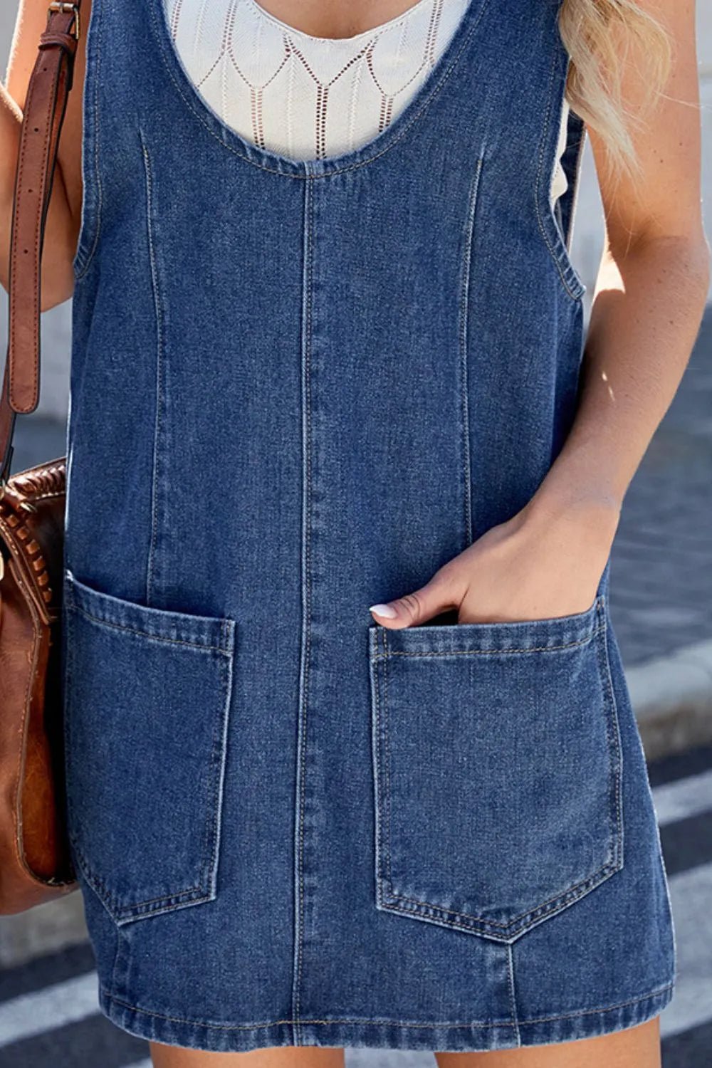 Scoop Neck Denim Overall Dress with Pockets - Lara Moda