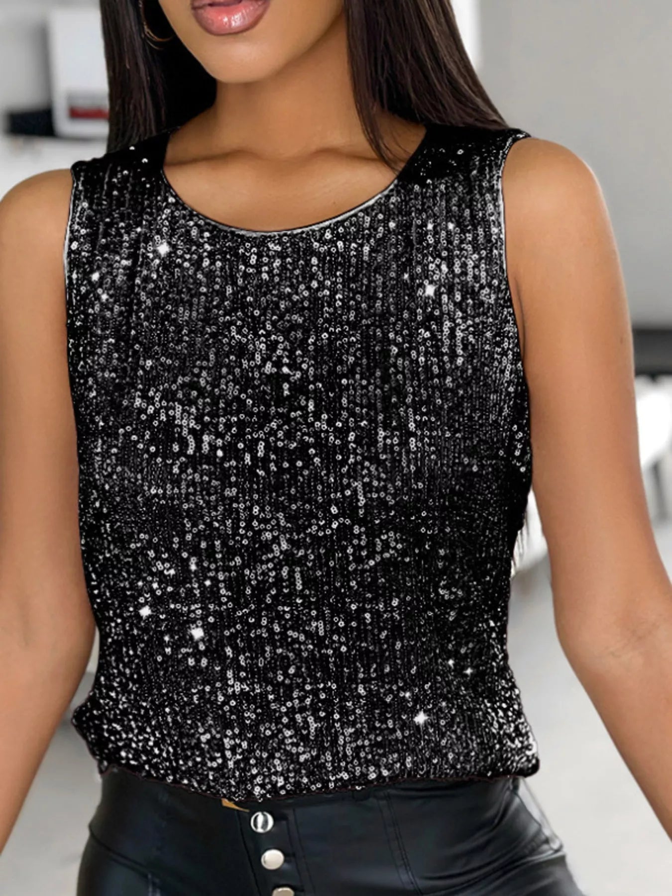 Sequin Round Neck Tank Top - Lara Moda