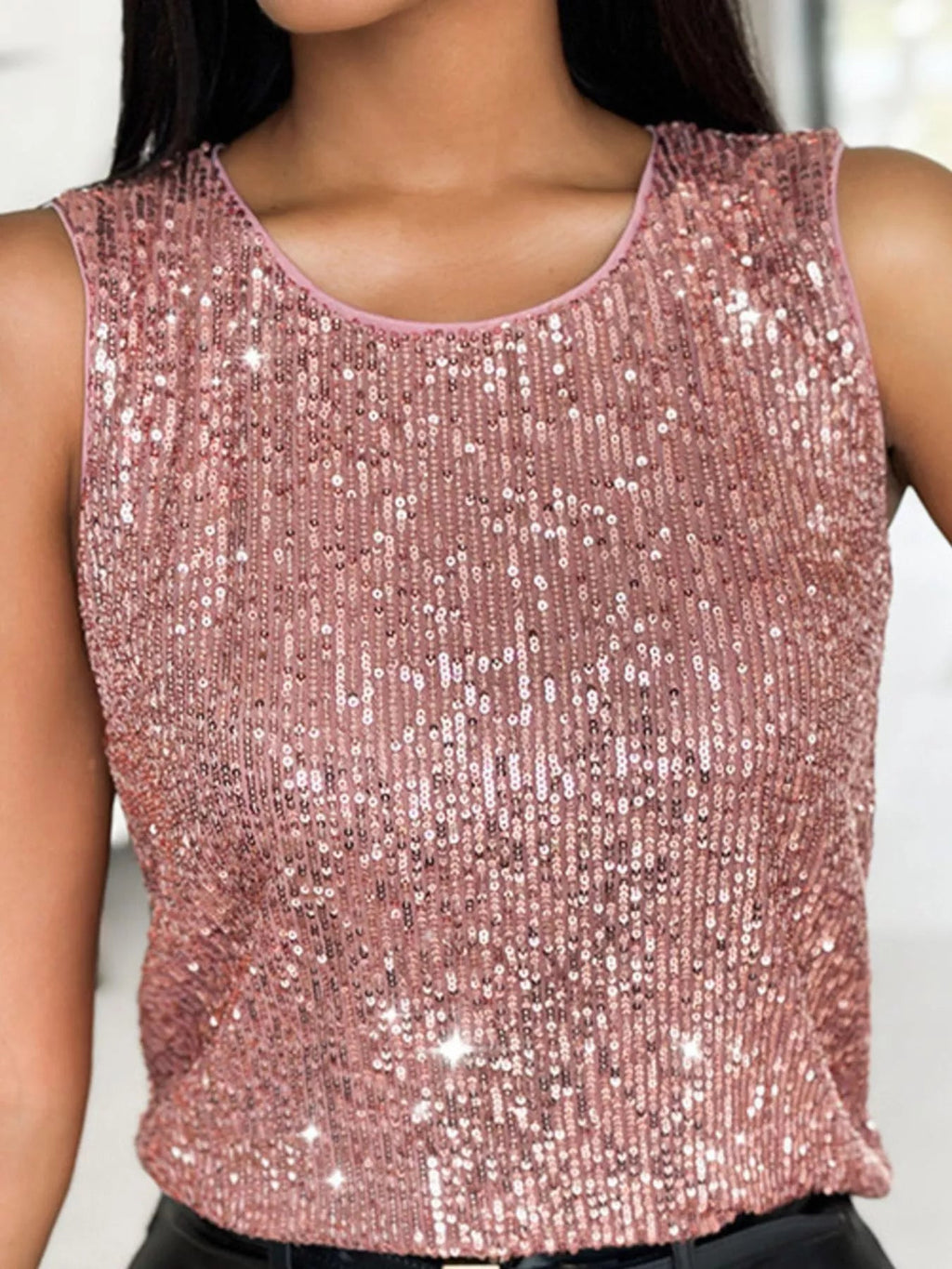 Sequin Round Neck Tank Top - Lara Moda