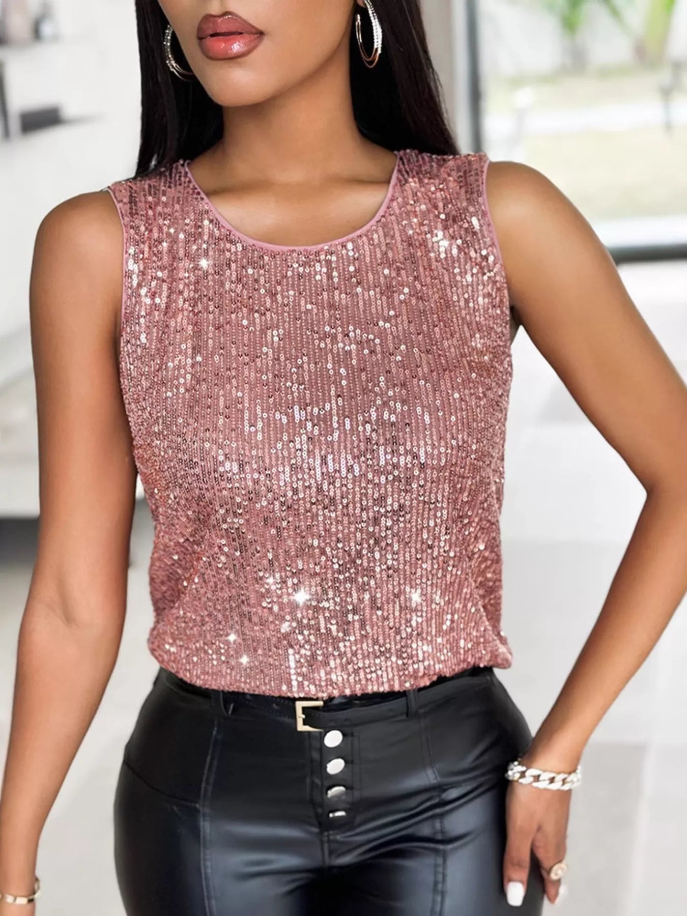 Sequin Round Neck Tank Top - Lara Moda