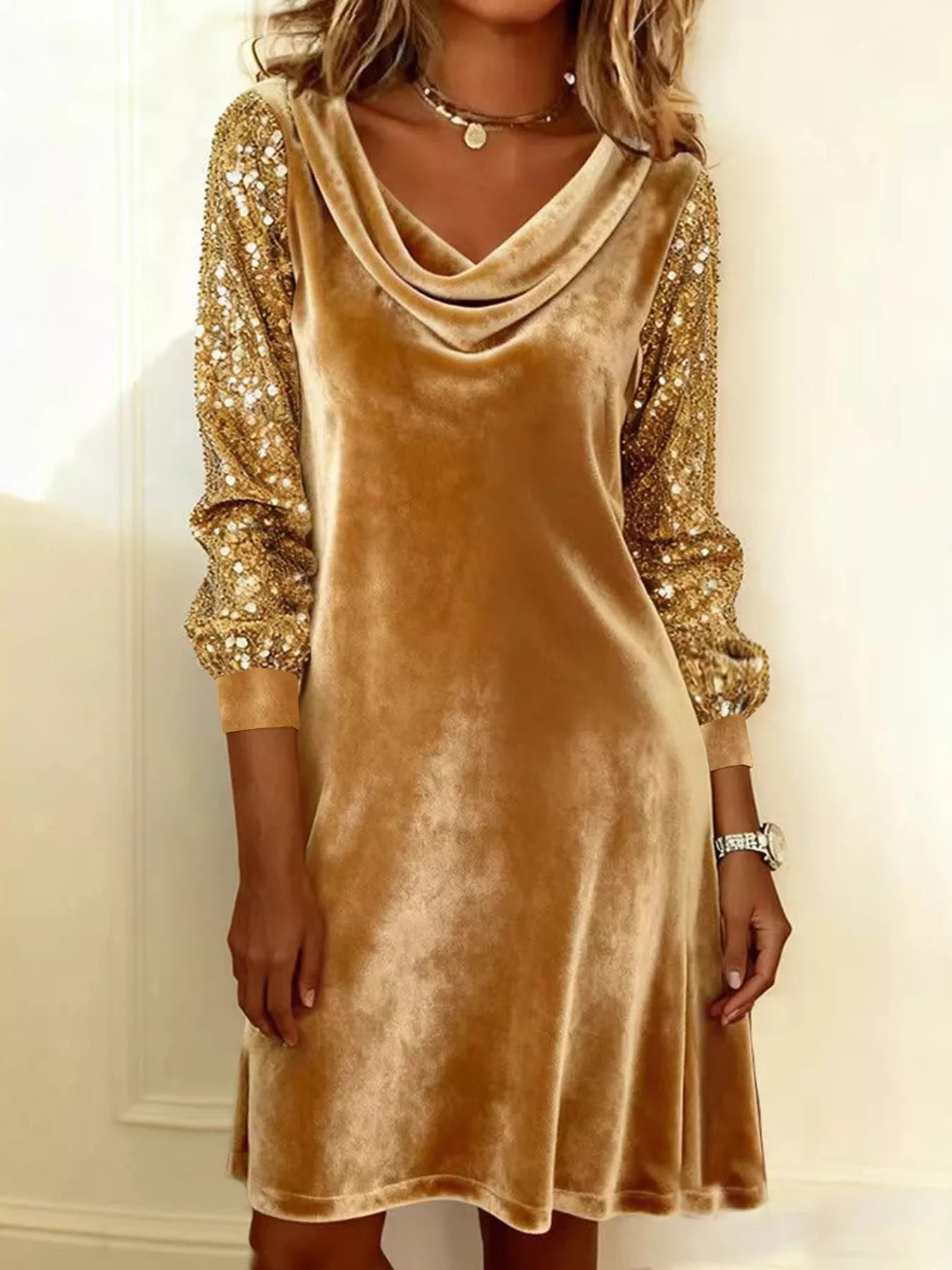 Sequin Sleeve Velvet Mini Dress - Lara Moda