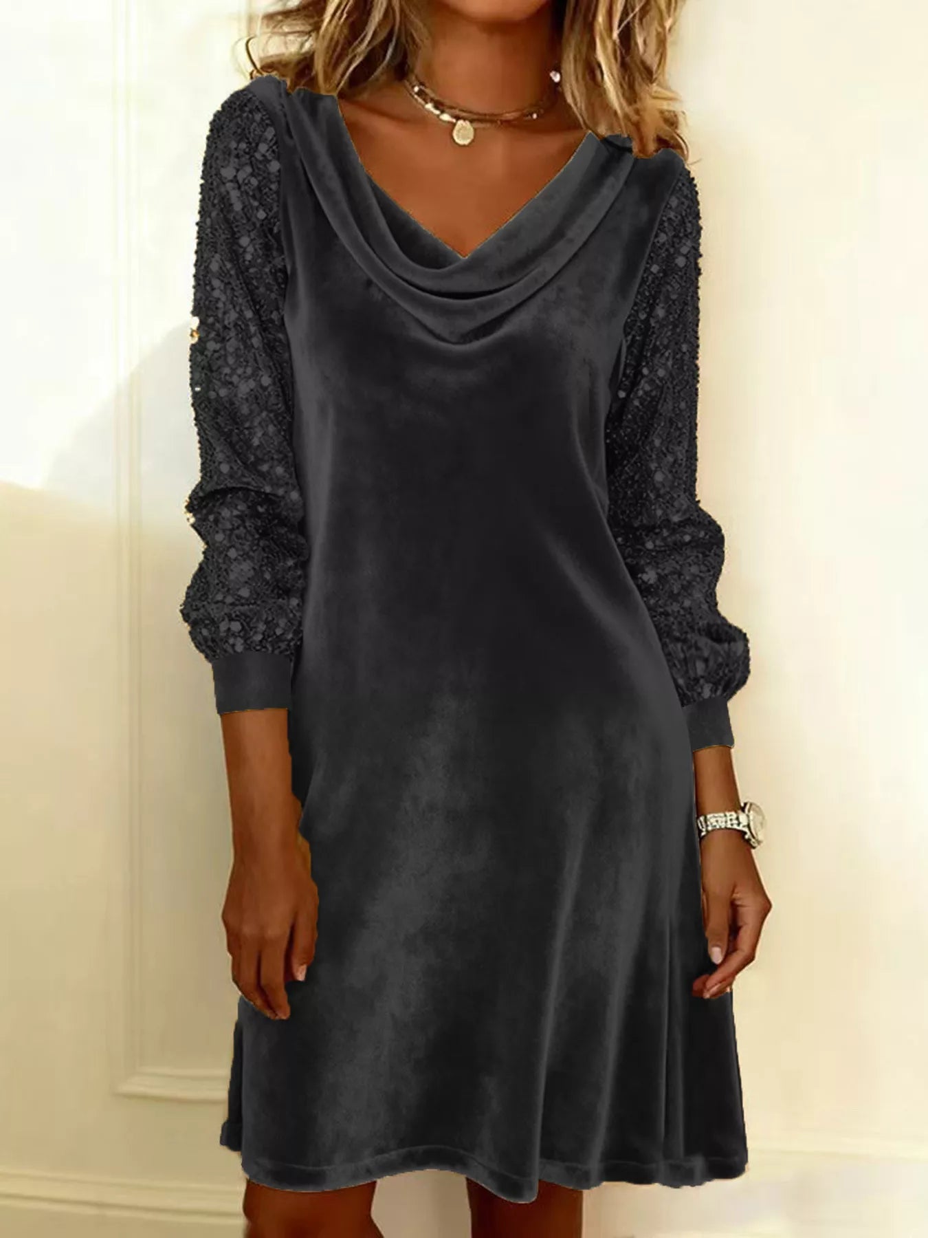 Sequin Sleeve Velvet Mini Dress - Lara Moda