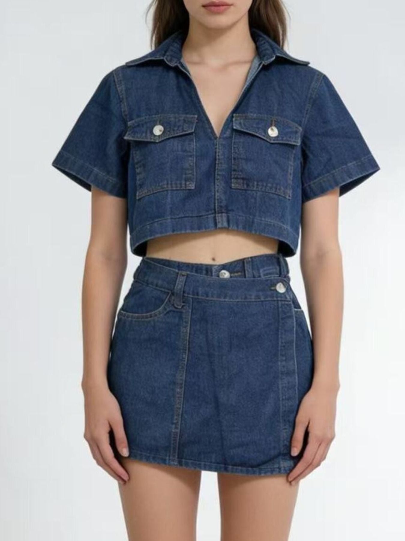 Short Sleeve Cropped Top and Skort Denim Set - Lara Moda