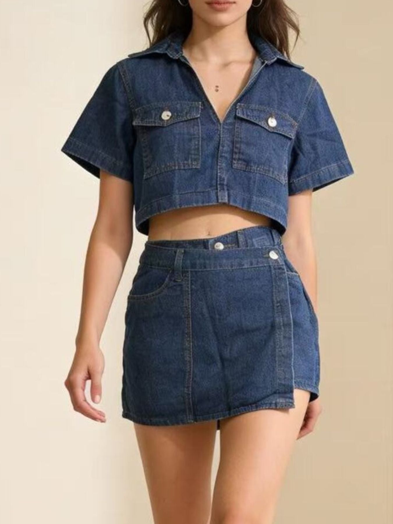 Short Sleeve Cropped Top and Skort Denim Set - Lara Moda