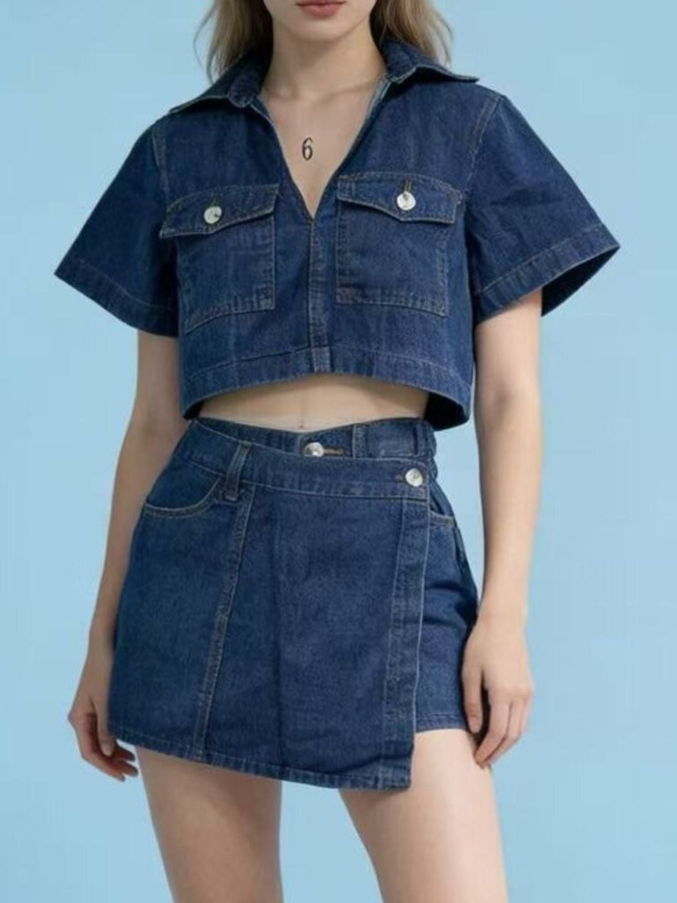 Short Sleeve Cropped Top and Skort Denim Set - Lara Moda