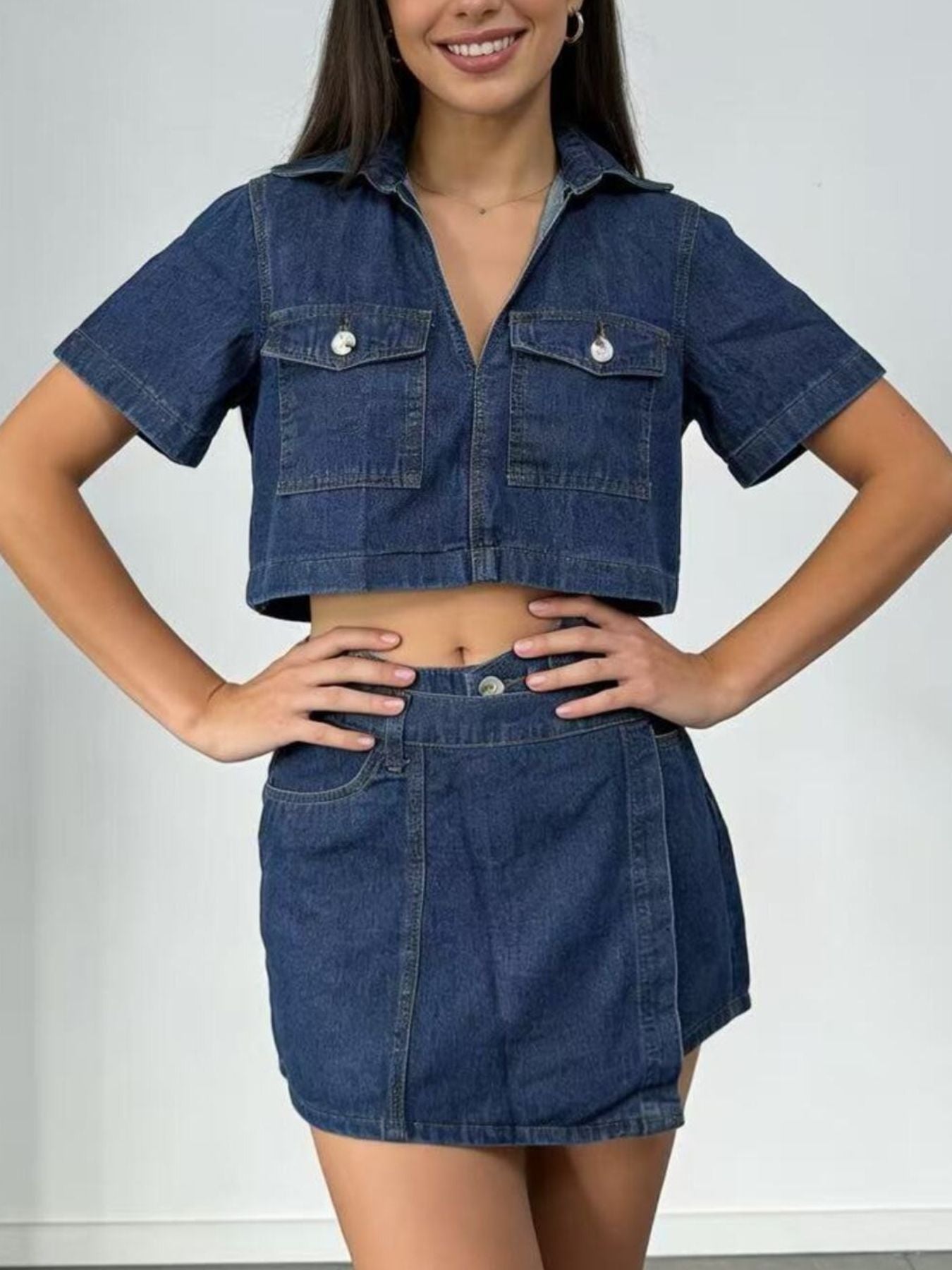 Short Sleeve Cropped Top and Skort Denim Set - Lara Moda