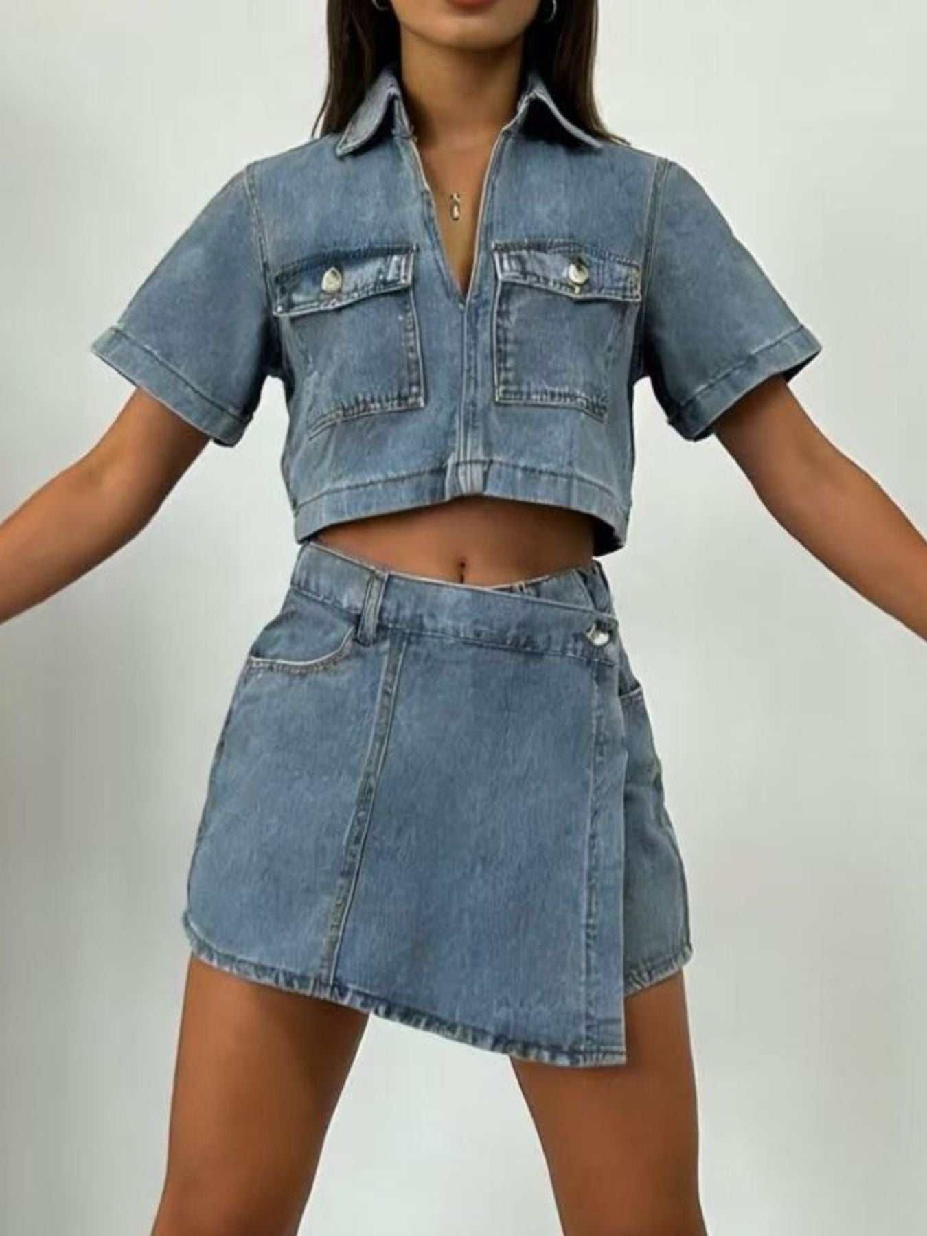 Short Sleeve Cropped Top and Skort Denim Set - Lara Moda
