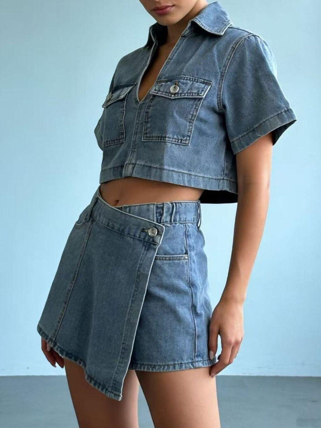 Short Sleeve Cropped Top and Skort Denim Set - Lara Moda