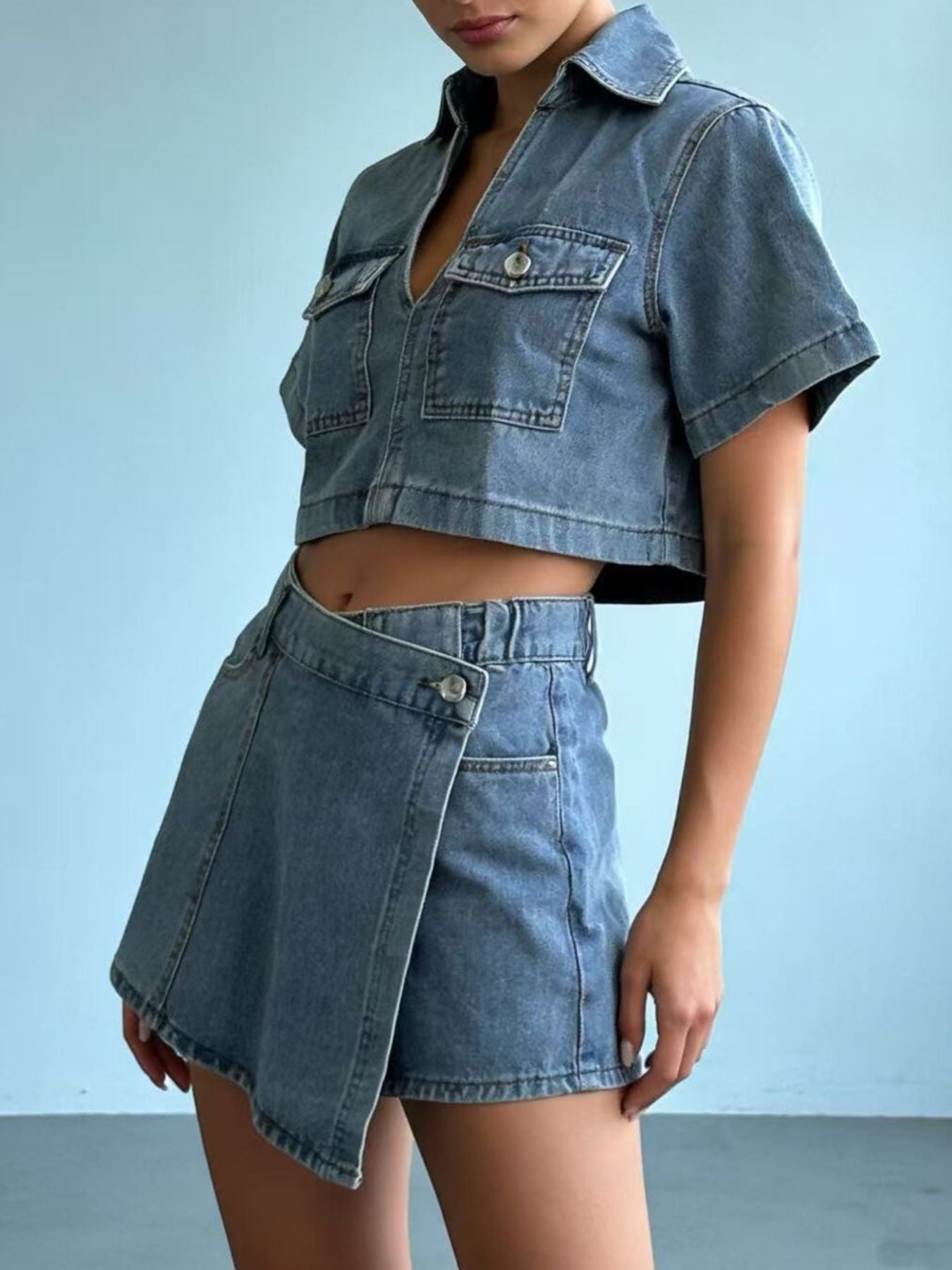 Short Sleeve Cropped Top and Skort Denim Set - Lara Moda