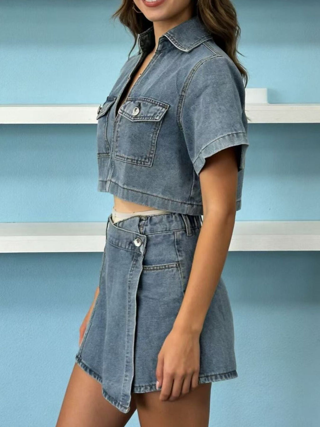 Short Sleeve Cropped Top and Skort Denim Set - Lara Moda