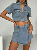 Short Sleeve Cropped Top and Skort Denim Set - Lara Moda