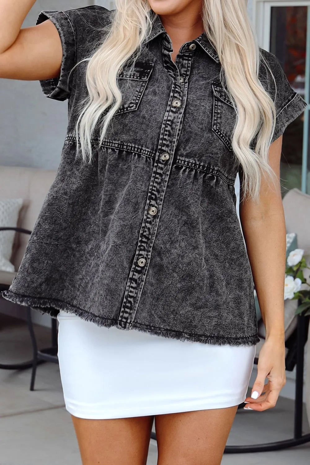 Short Sleeve Flap Pocket Button Up Raw Hem Denim Shirt - Lara Moda