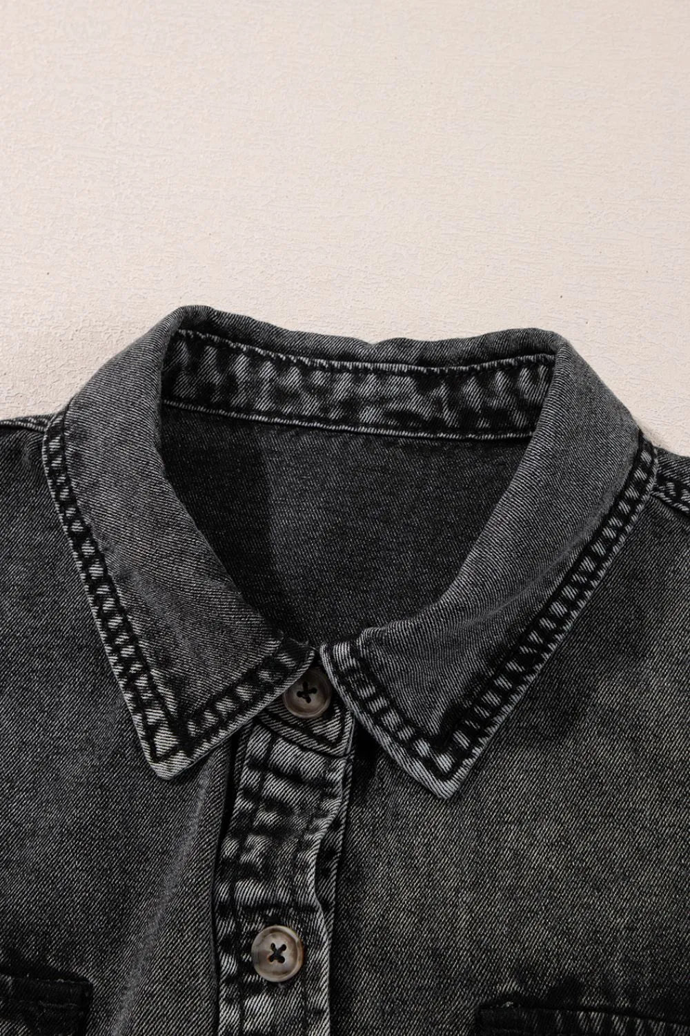 Short Sleeve Flap Pocket Button Up Raw Hem Denim Shirt - Lara Moda