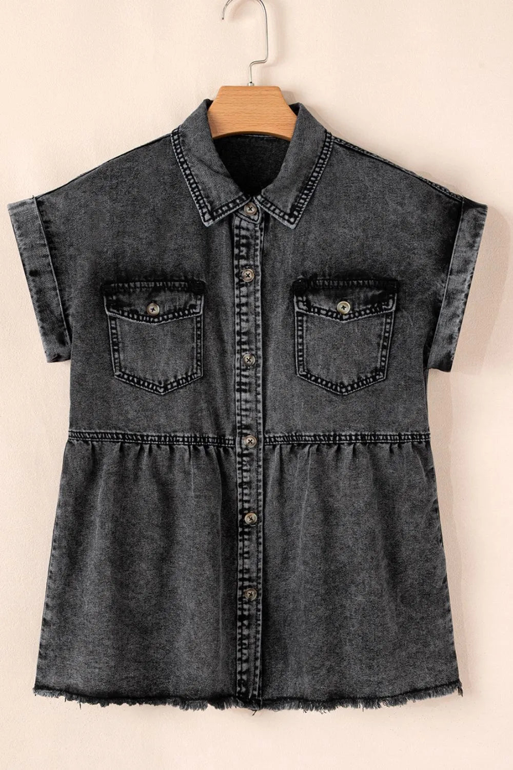 Short Sleeve Flap Pocket Button Up Raw Hem Denim Shirt - Lara Moda